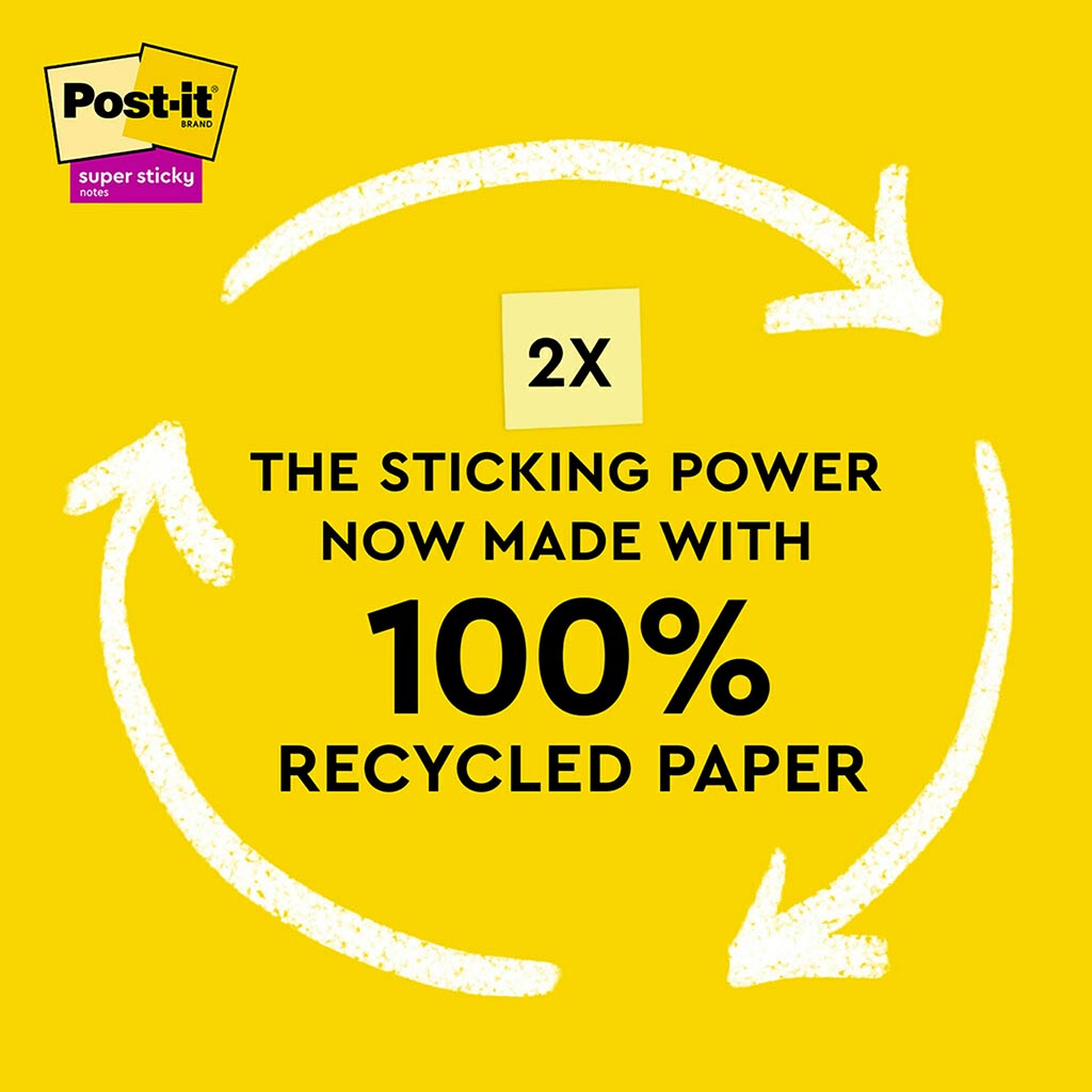 Post-it 100% Recycled Super Sticky Notes 654R-5SSCY 76x76mm Yellow 70 Sheets