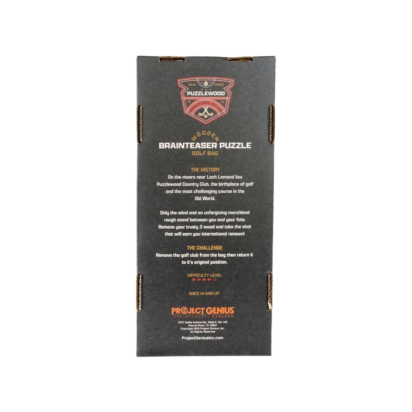 Project Genius Golf Bag Puzzle metal brain teaser featuring a golf club that must be twisted through a hidden maze inside a golf bag
