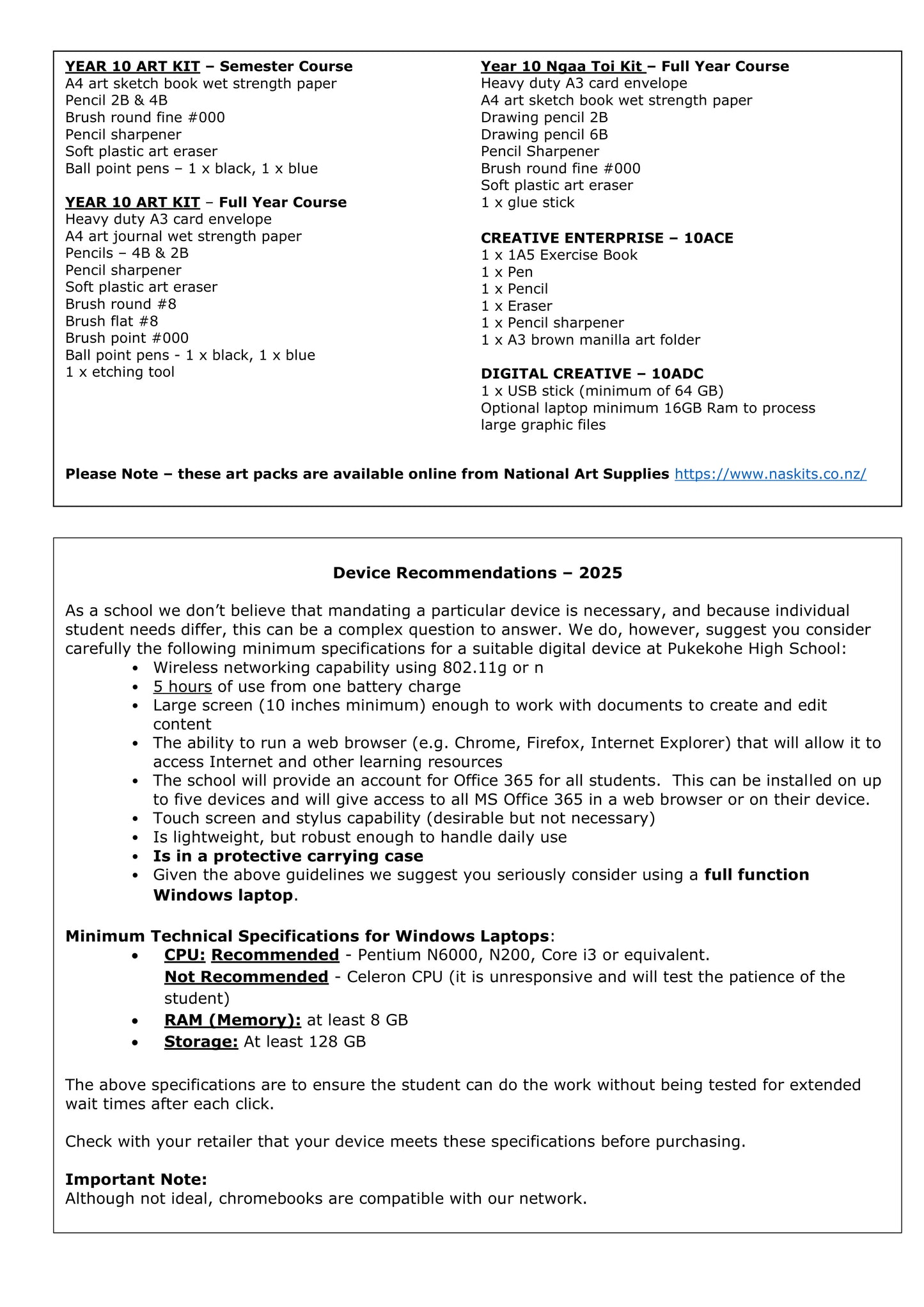 Pukekohe High School Stationery Pack 2025 Year 10