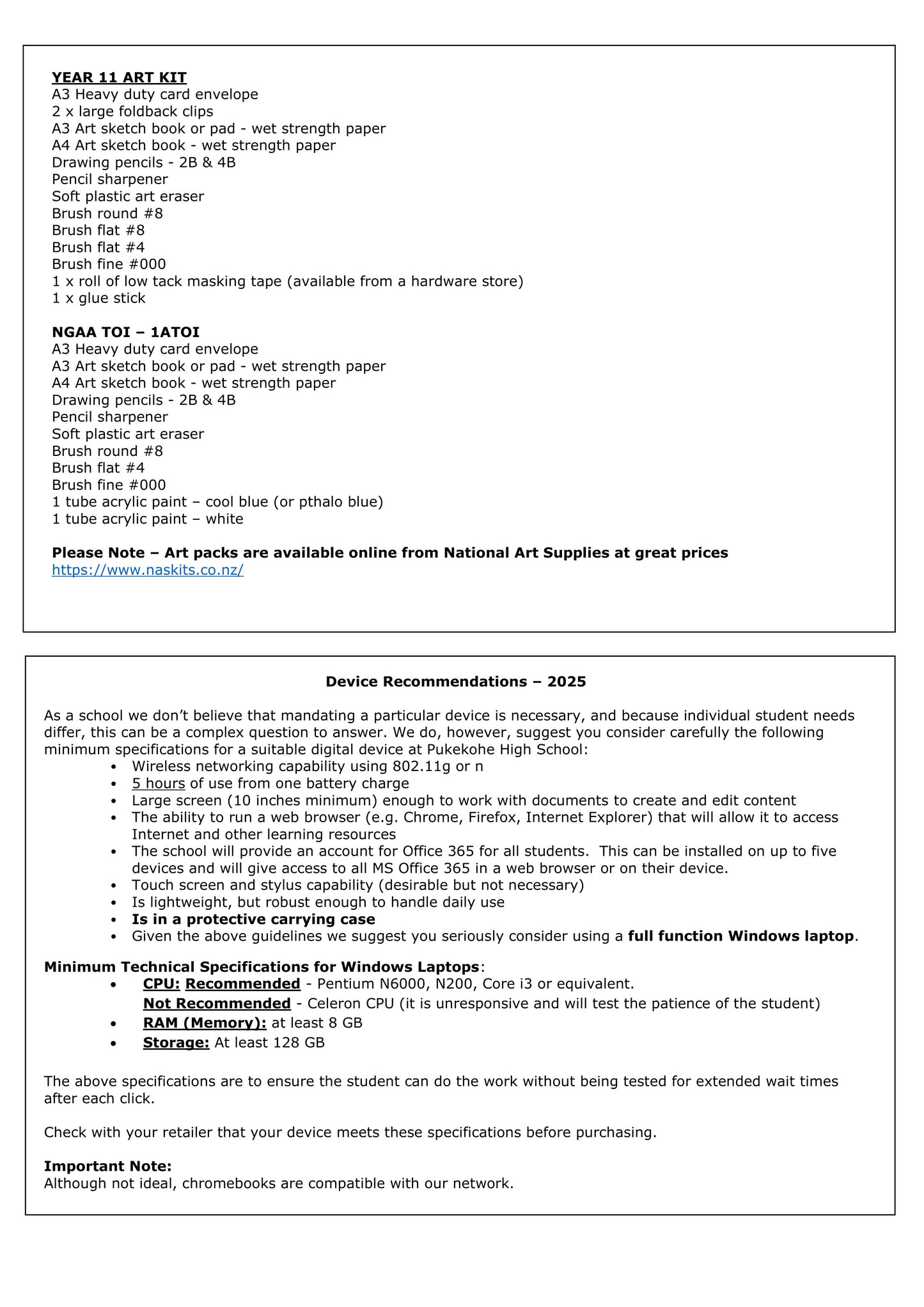 Pukekohe High School Stationery Pack 2025 Year 11