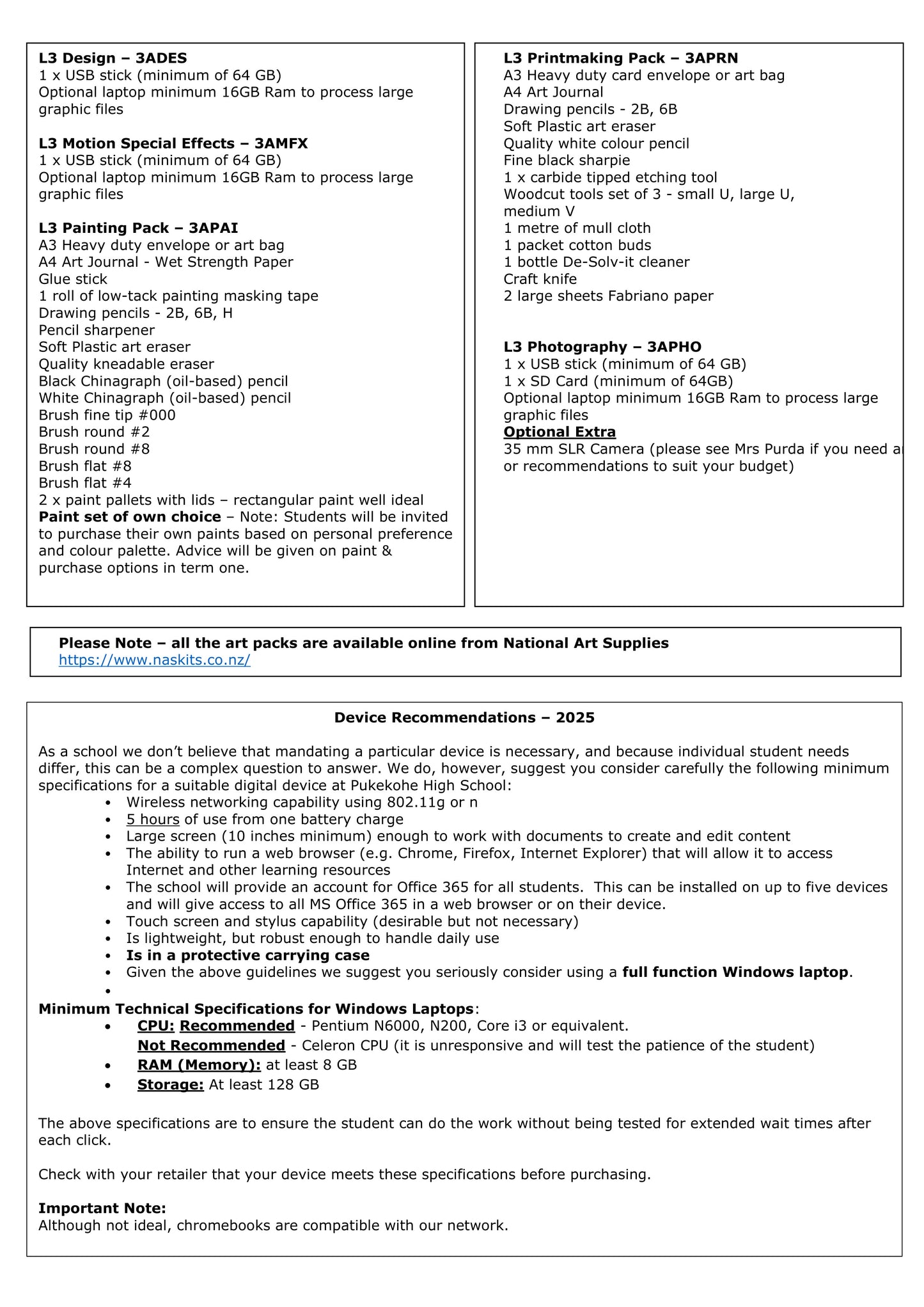 Pukekohe High School Stationery Pack 2025 Year 13