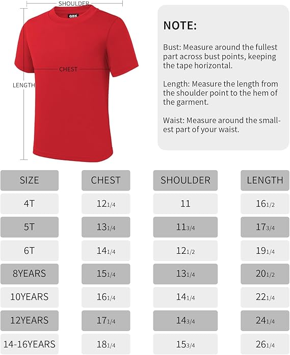 School Uniform 100% Cotton Basic Crew Neck T-Shirt Custom Made Size 4 to 16 Measurement Chart