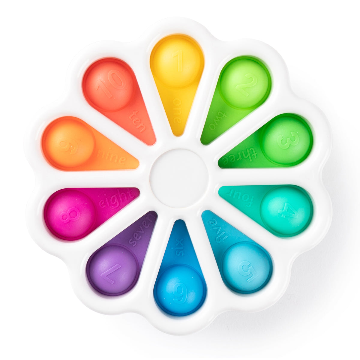 Sensory Sprouts Pop-It Wheel bilingual English and Spanish number fidget toy with colourful flower-shaped popping bubbles for sensory play and early learning.