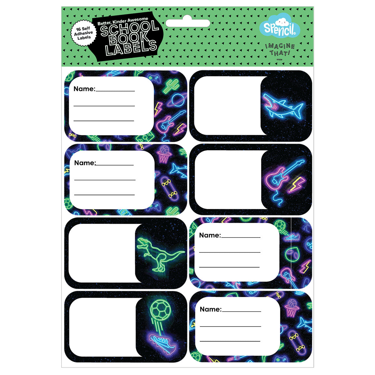 Spencil Self Adhesive Book Labels Neon Life Pack of 16