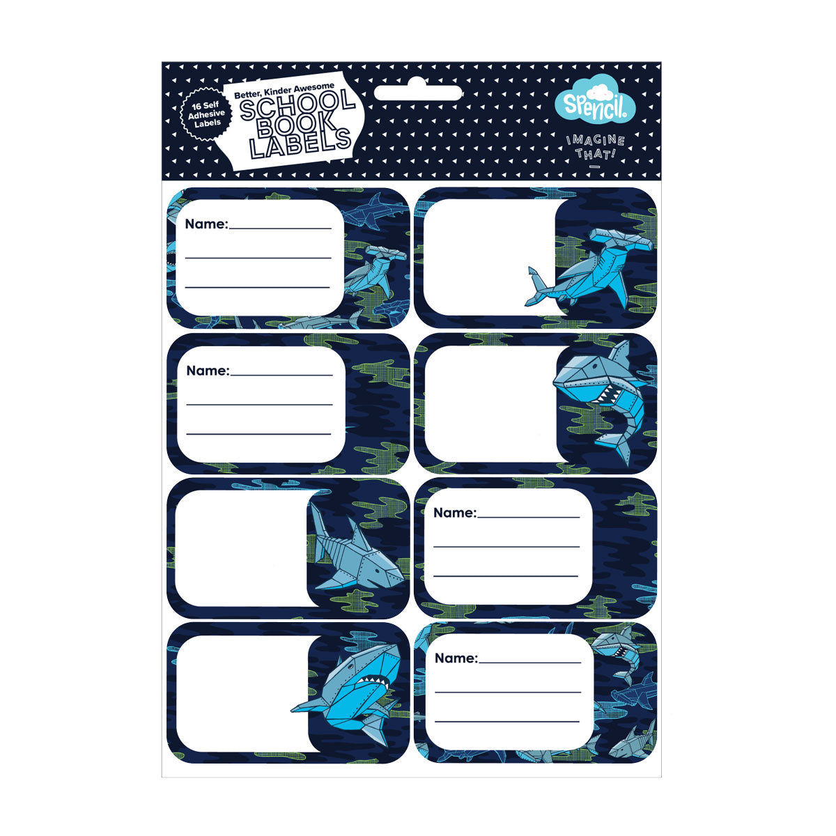 Spencil Self Adhesive Robo Shark Name & Subject Labels 16 Pack