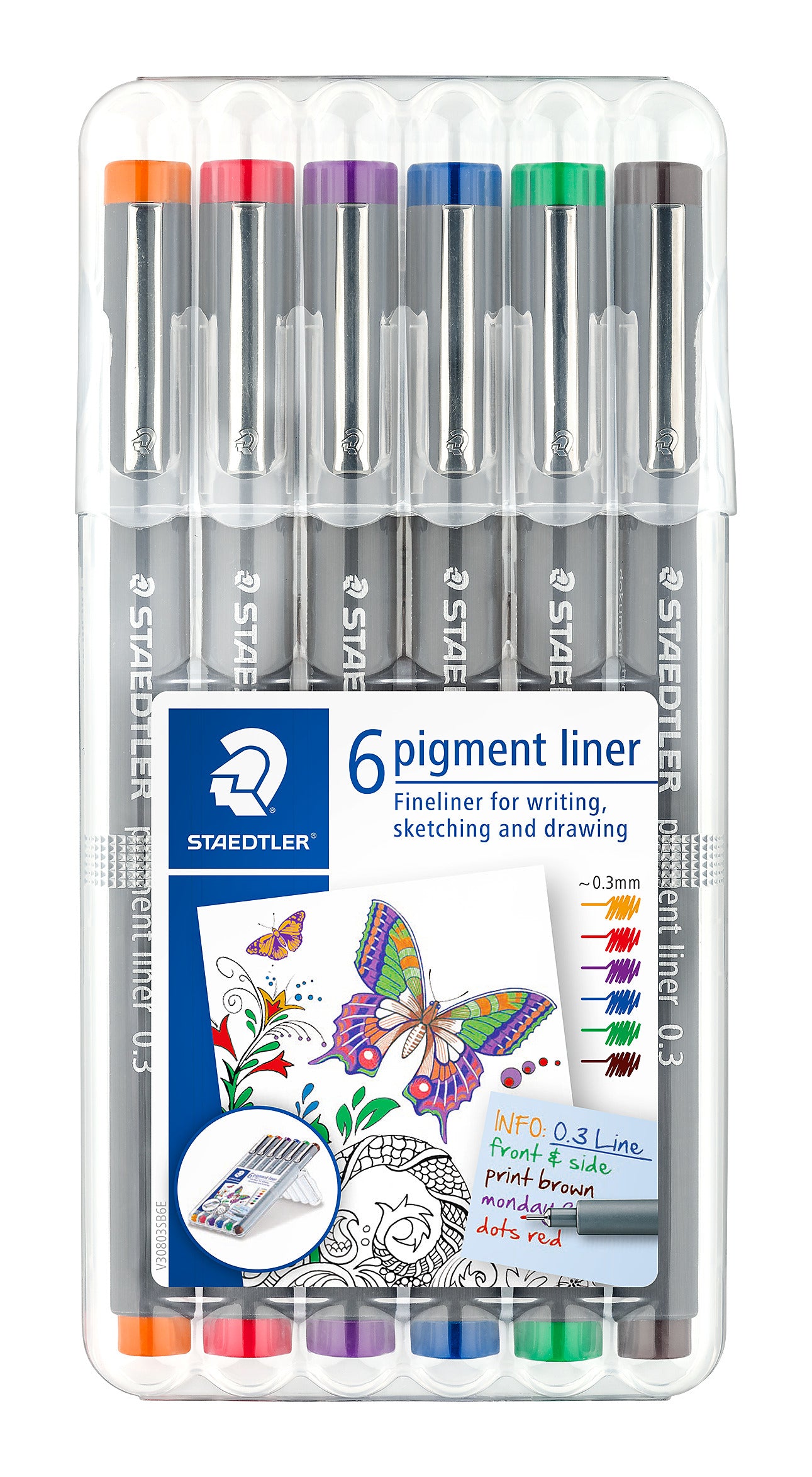 Staedtler Fineliner 308 Pigment Ink Pen Marsgraphic 0.3mm Pack of 6
