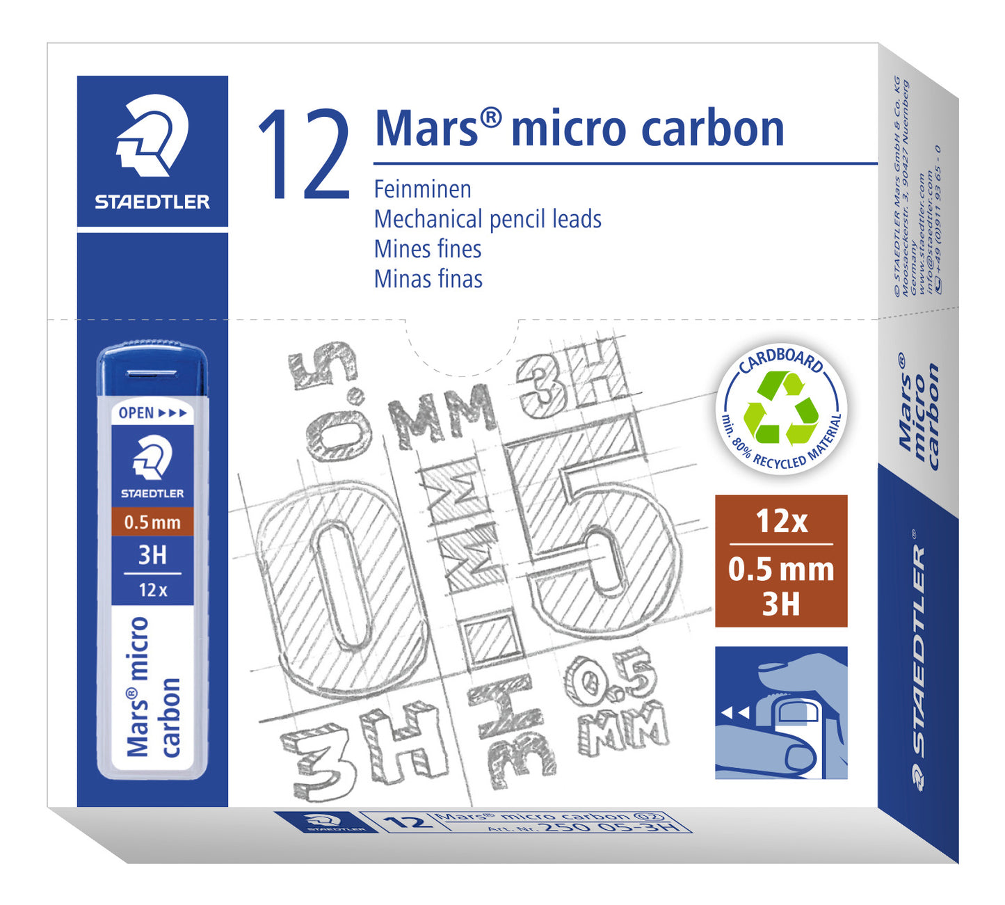 Staedtler Mars Micro Carbon Lead 250 05-3H Tube of 12 Grade 3H 0.5mm Box of 12