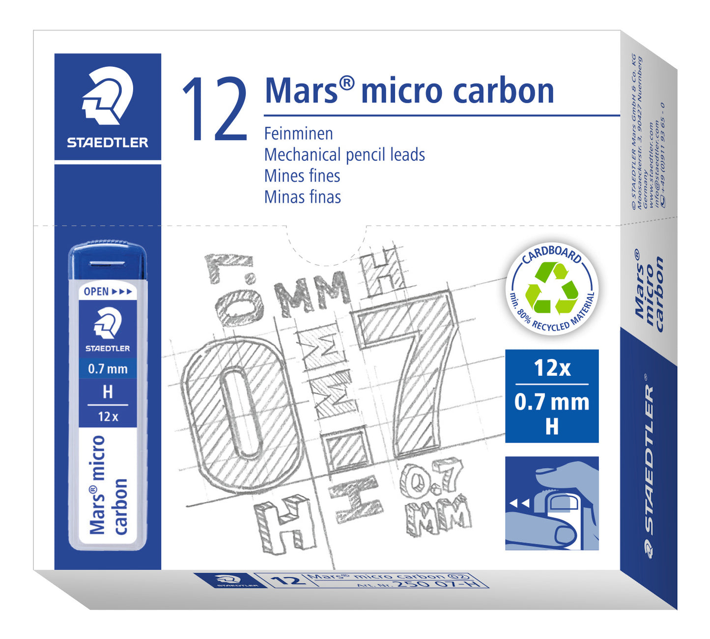 Staedtler Mechanical Pencil Leads Refill 250 07-H Mars Micro Tube of 12 0.7mm H Box of 12