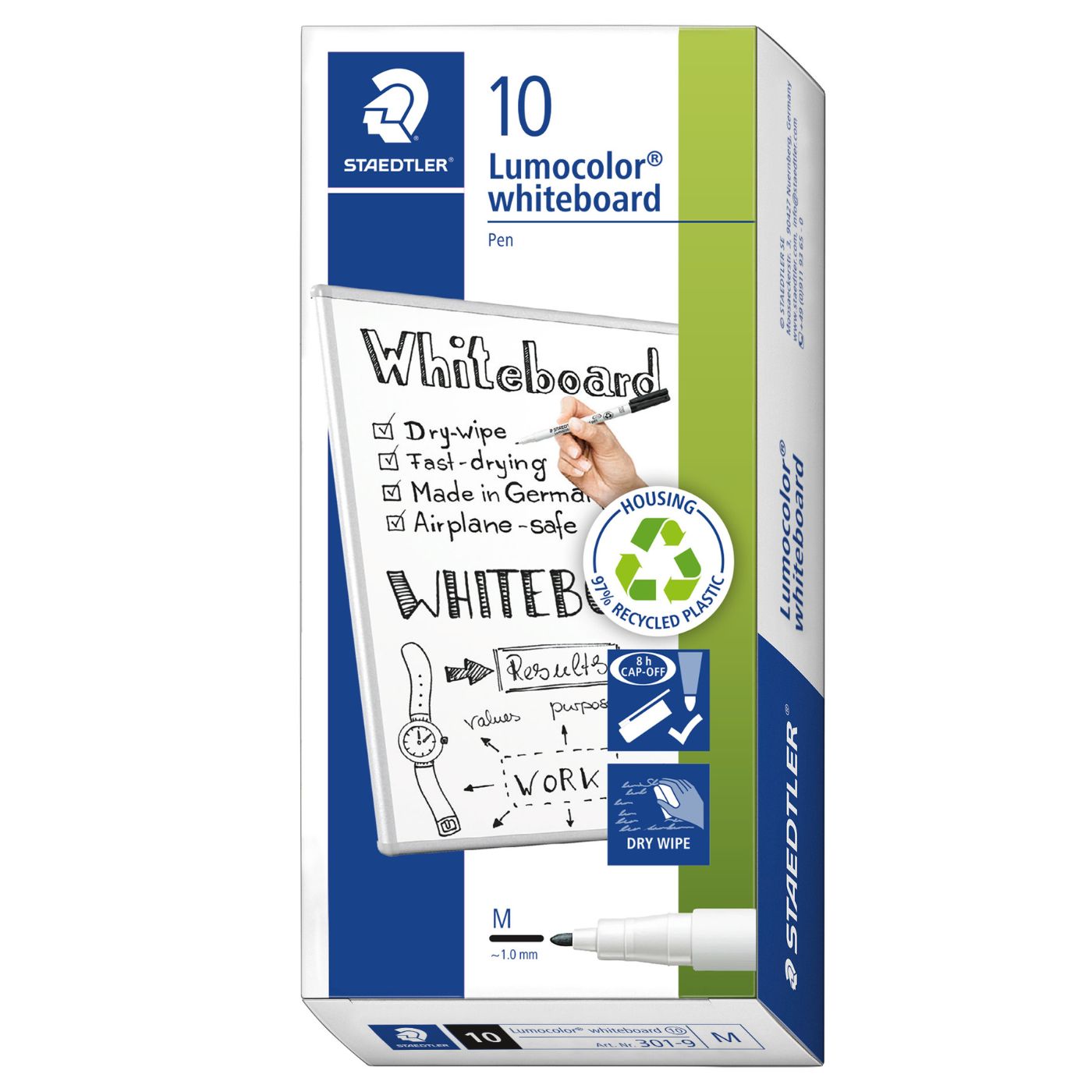 Staedtler Whiteboard Dry-Wipe Pen Lumocolor 301-9 Medium Tip 1mm Black Box of 10