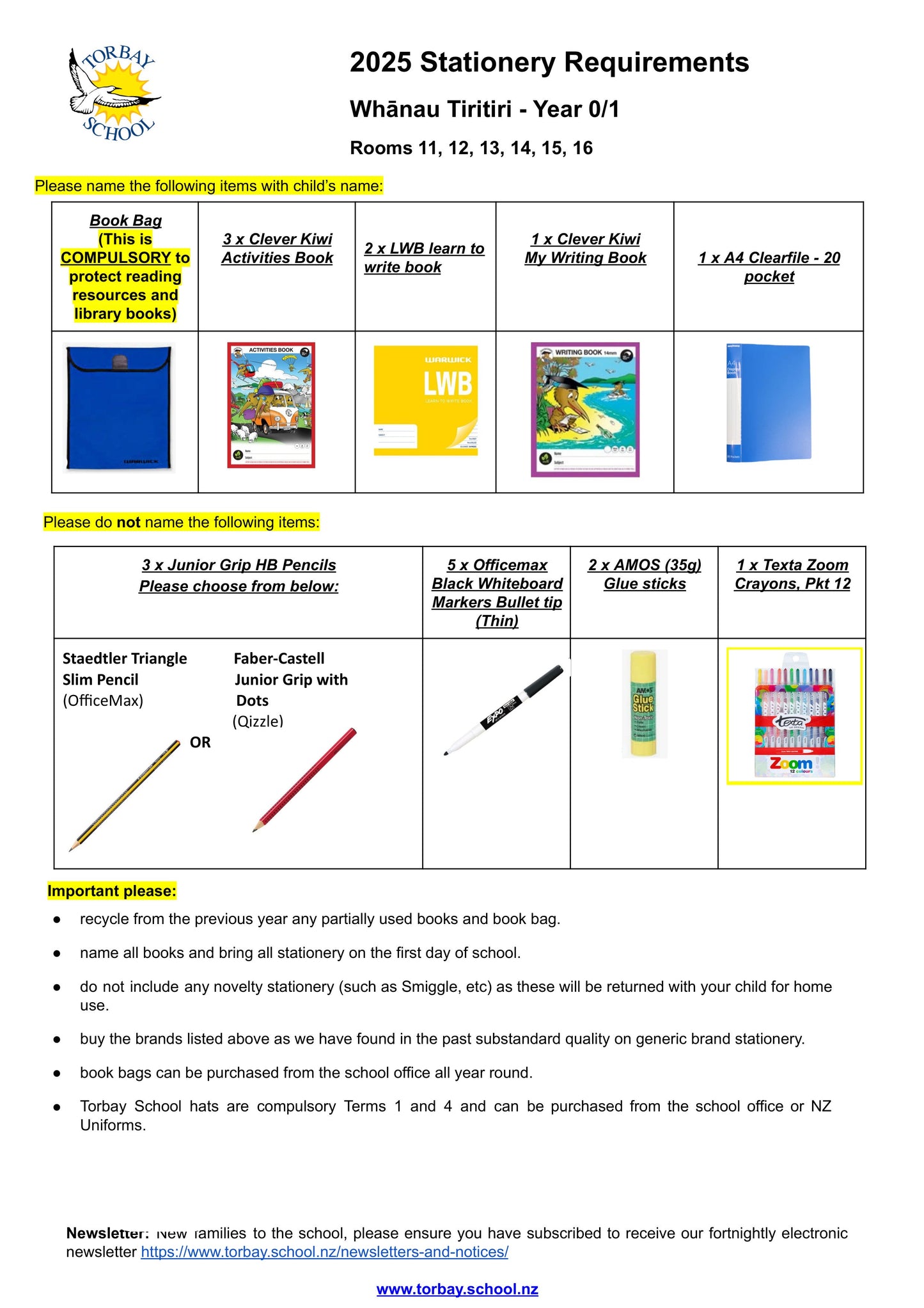 Torbay Primary School Stationery List 2025 Year 0 & 1