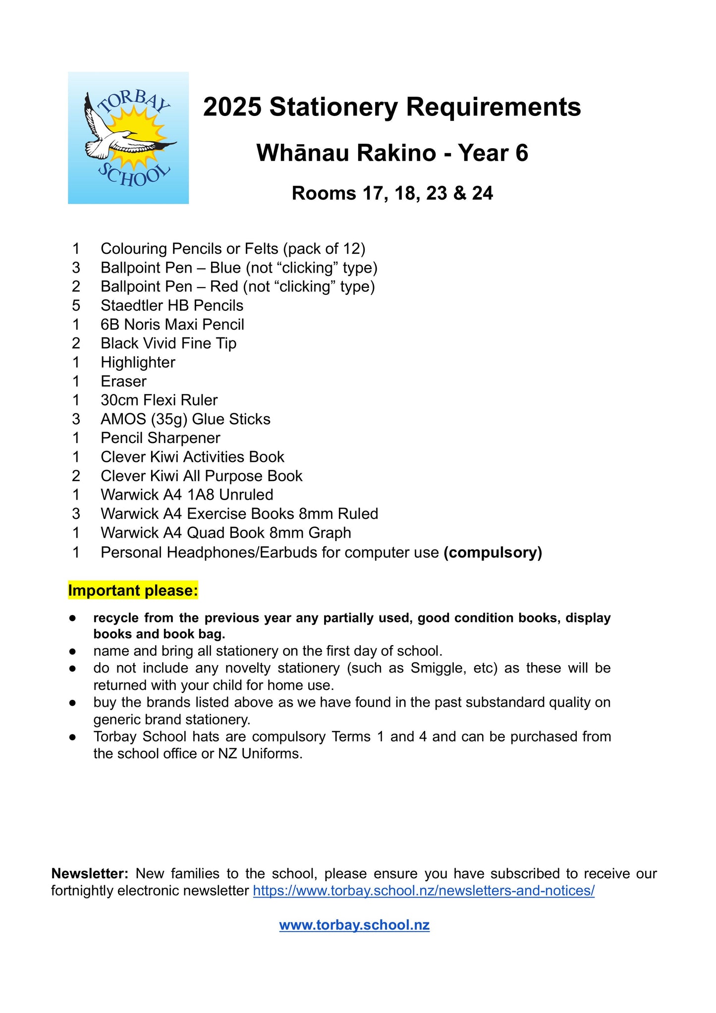 Torbay Primary School Stationery List 2025 Year 6