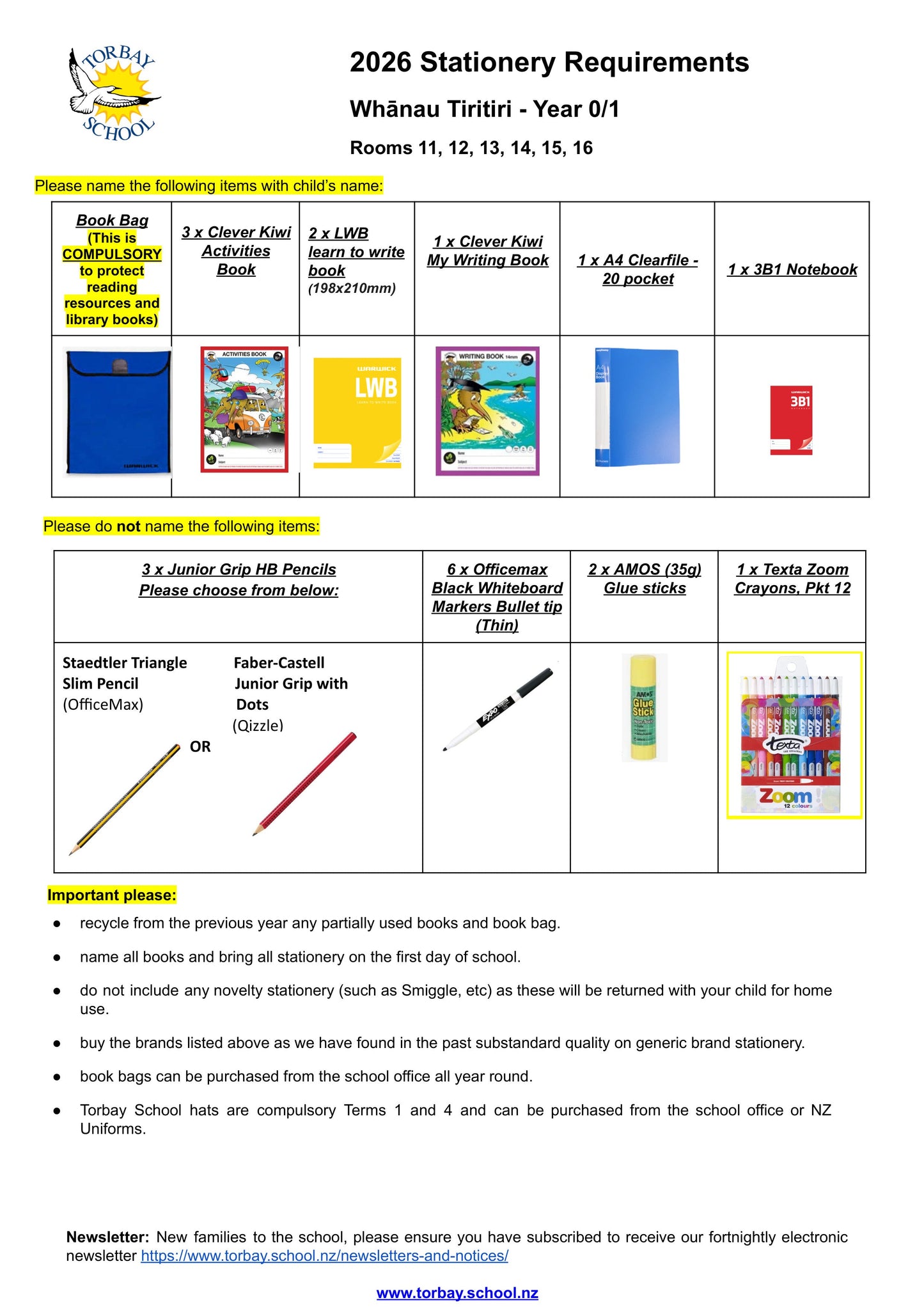 Torbay Primary School Stationery List 2026 Year 0 & 1