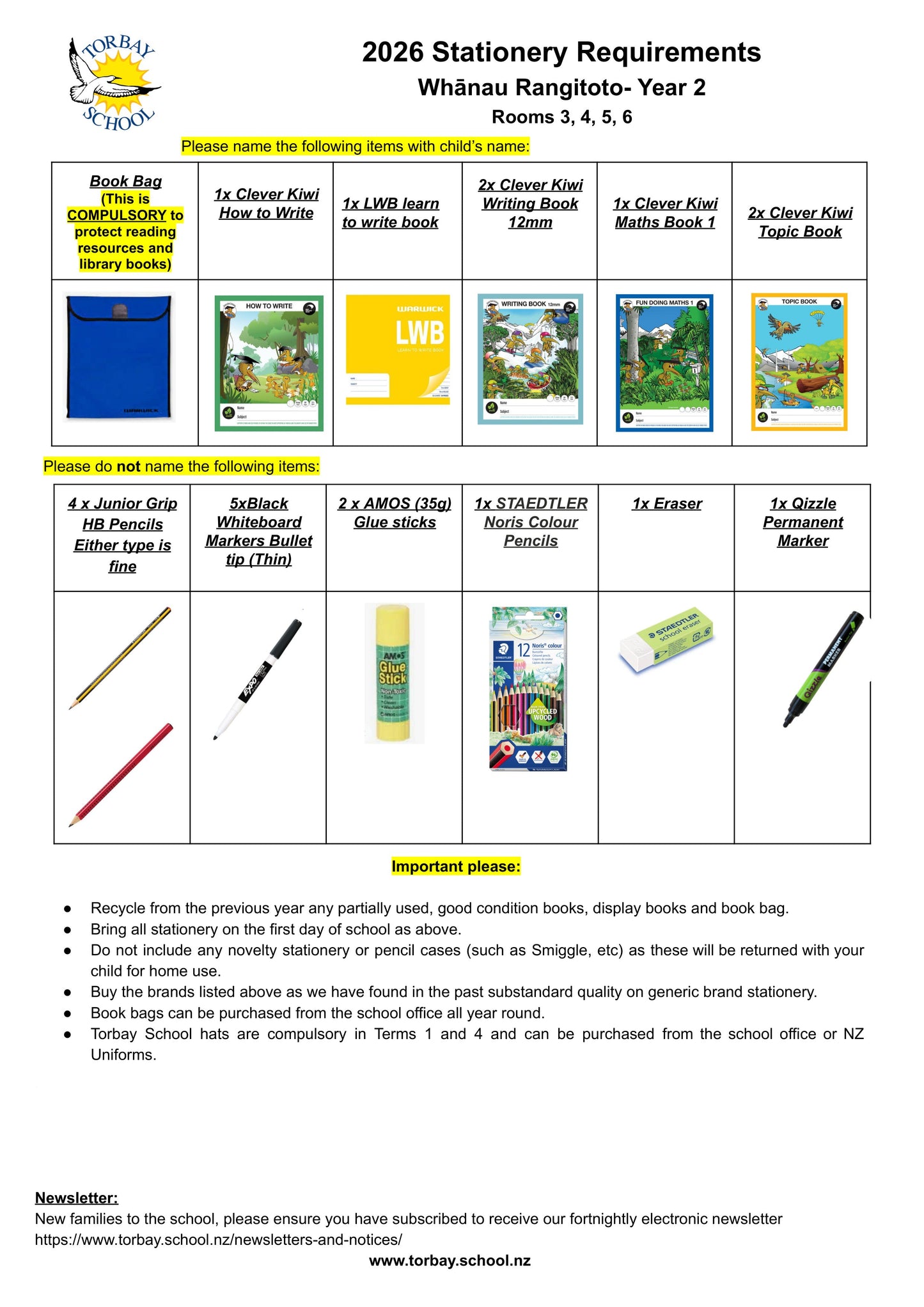 Torbay Primary School Stationery List 2026 Year 2