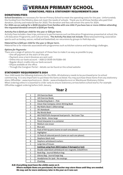 Verran Primary School Stationery List 2024 Year 2
