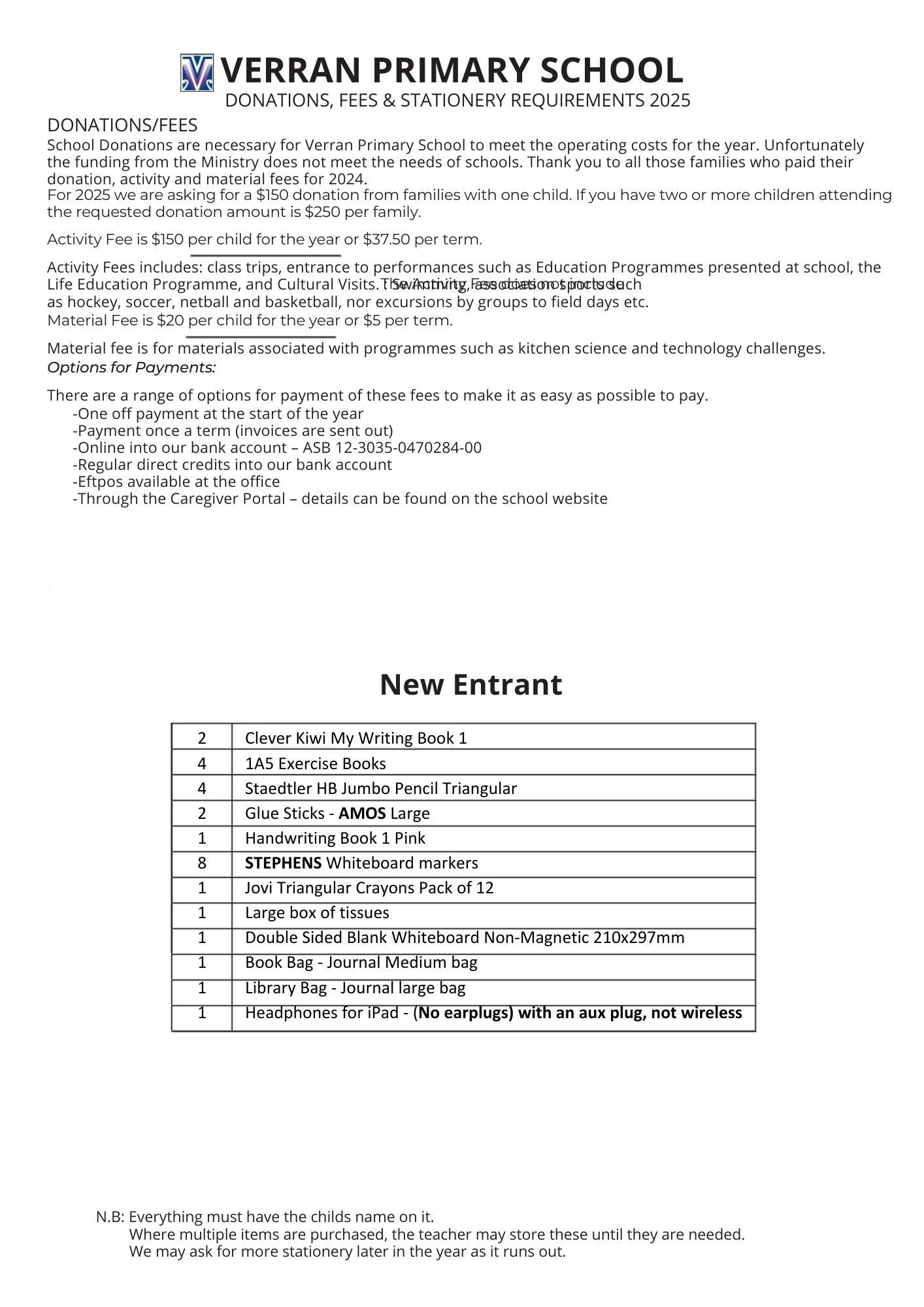 Verran Primary School Stationery Pack 2025 New Entrant
