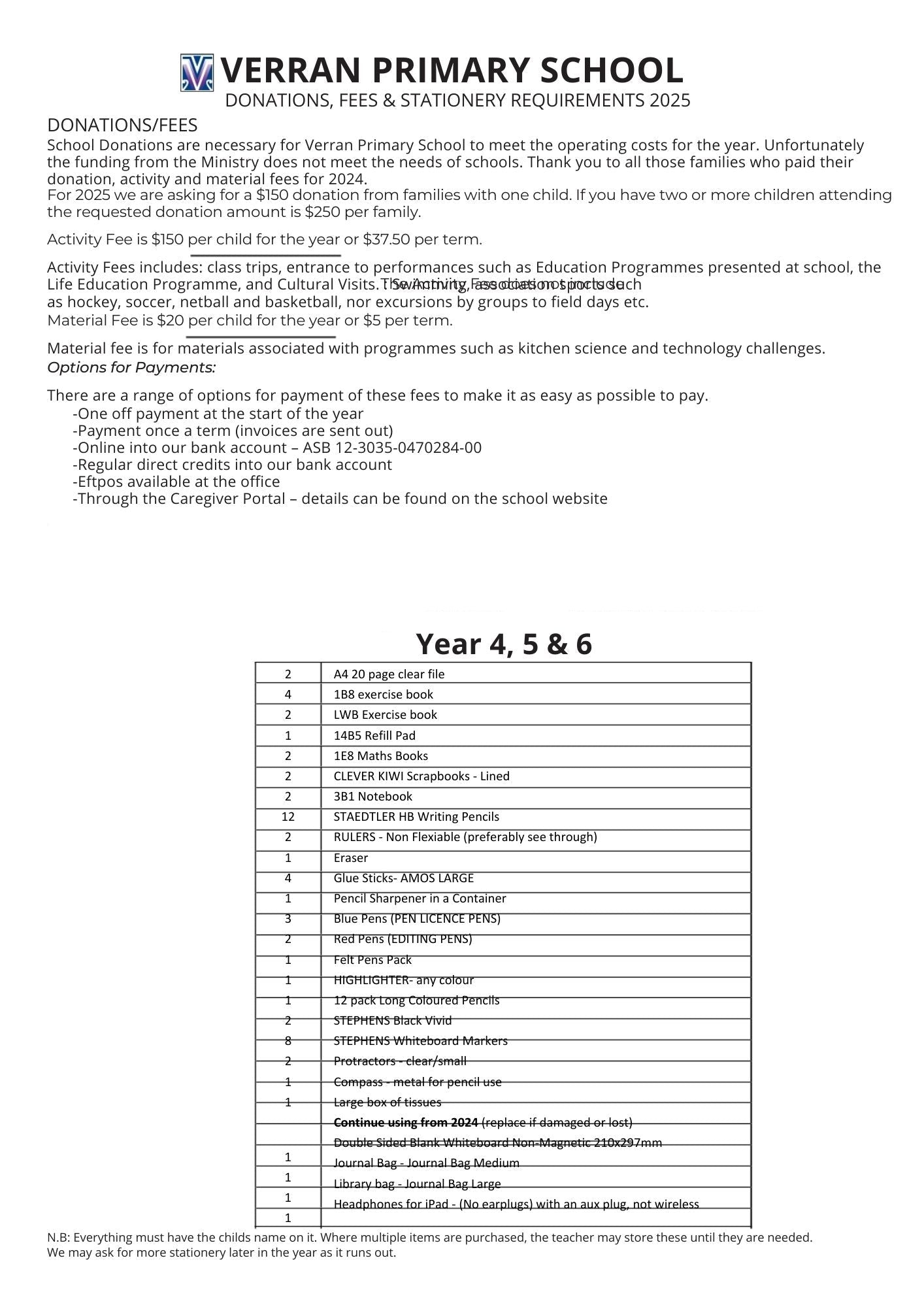 Verran Primary School Stationery Pack 2025 Year 4, 5 & 6