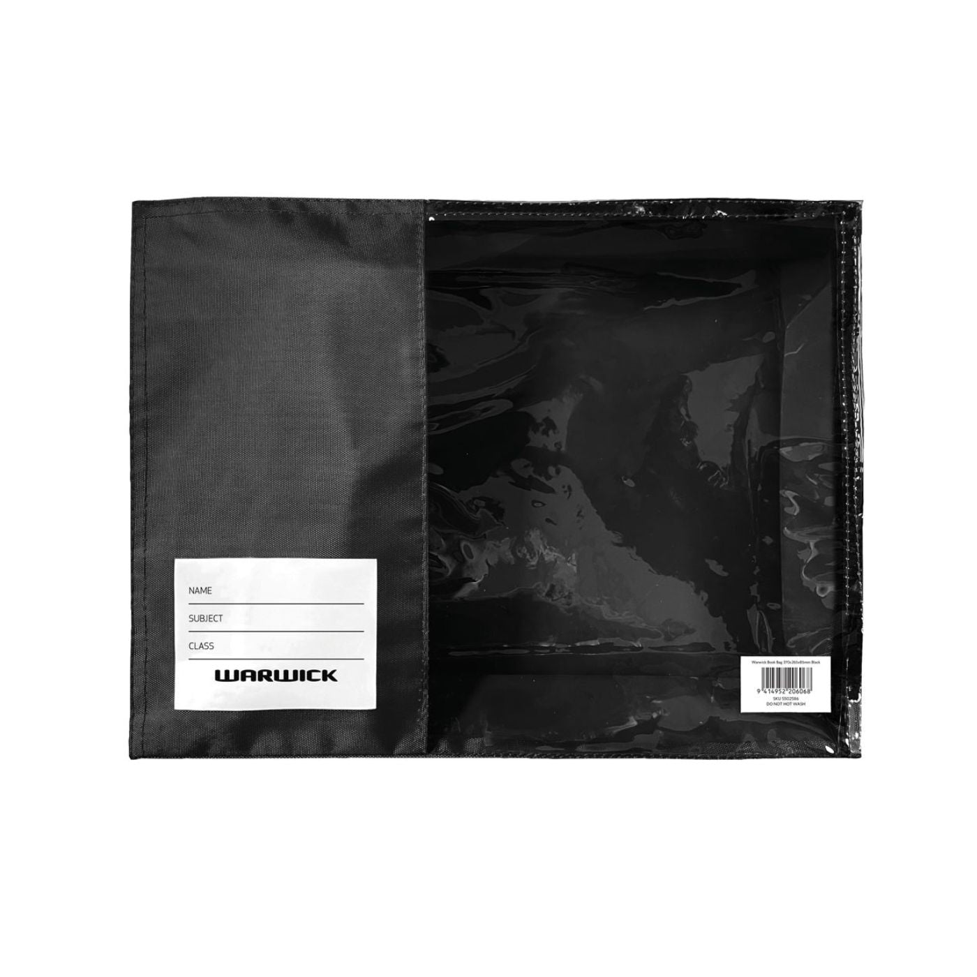Warwick Book Bag Black 370x265x85mm – Zip Closure with Clear Panel & Name Tag