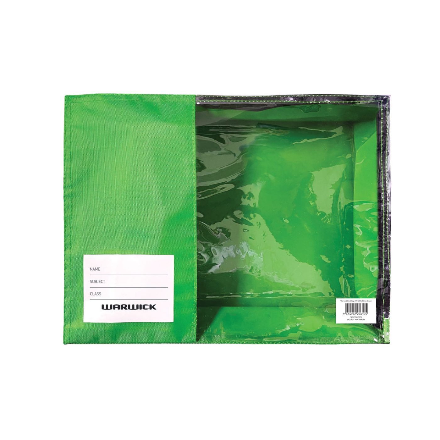 Warwick Book Bag Green 370x265x85mm – Zip Closure with Clear Panel & Name Tag