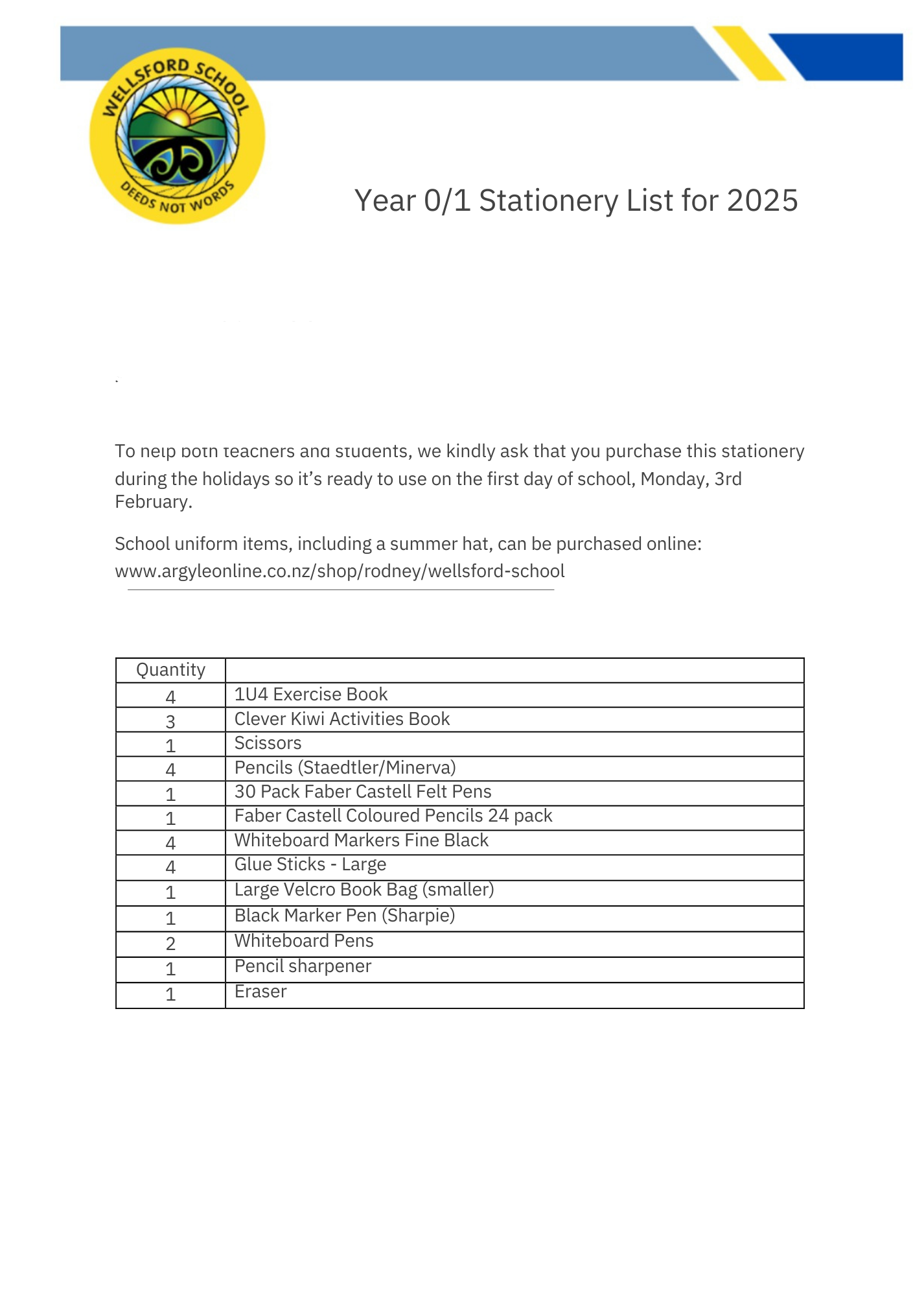 Wellsford School Stationery Pack 2025 Year 0 & 1
