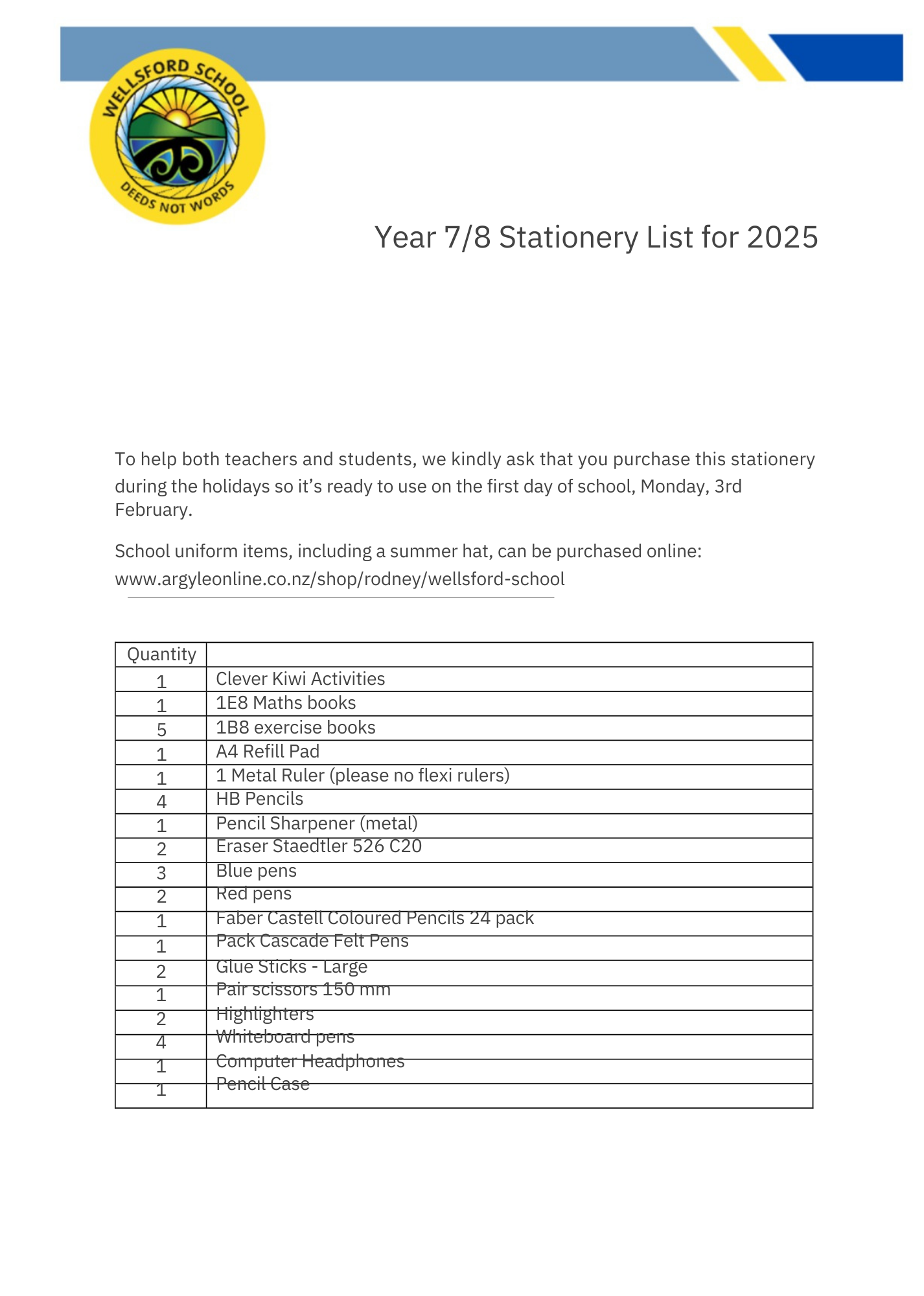 Wellsford School Stationery Pack 2025 Year 7 & 8