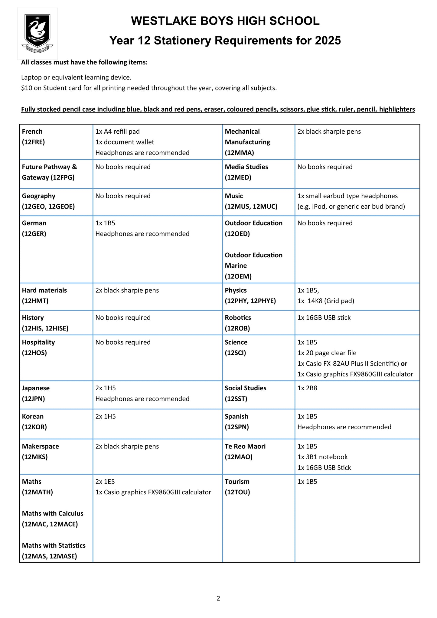 Westlake Boys High School Stationery List 2025 Year 12 - Page 2