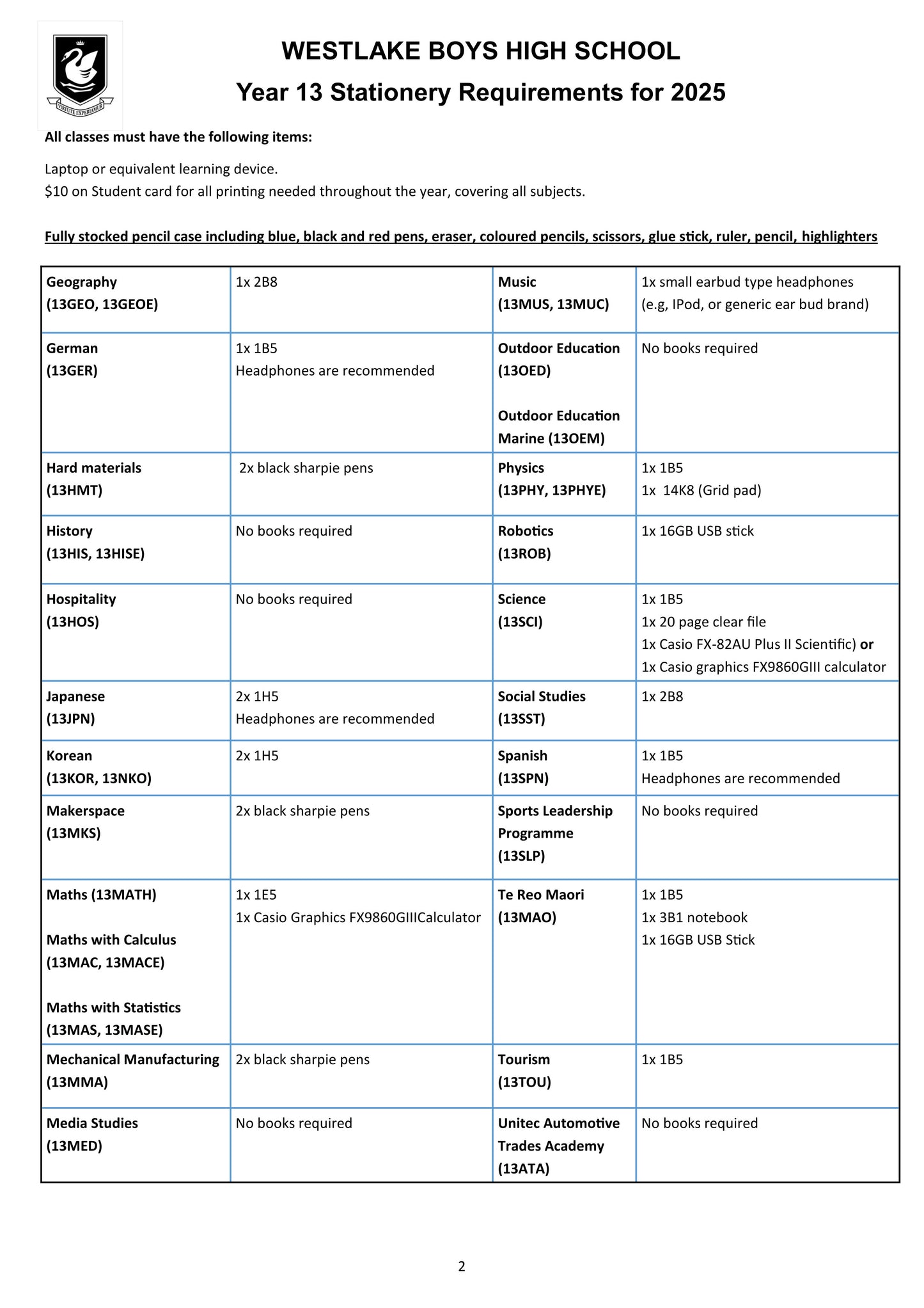 Westlake Boys High School Stationery List 2025 Year 13 Page 2