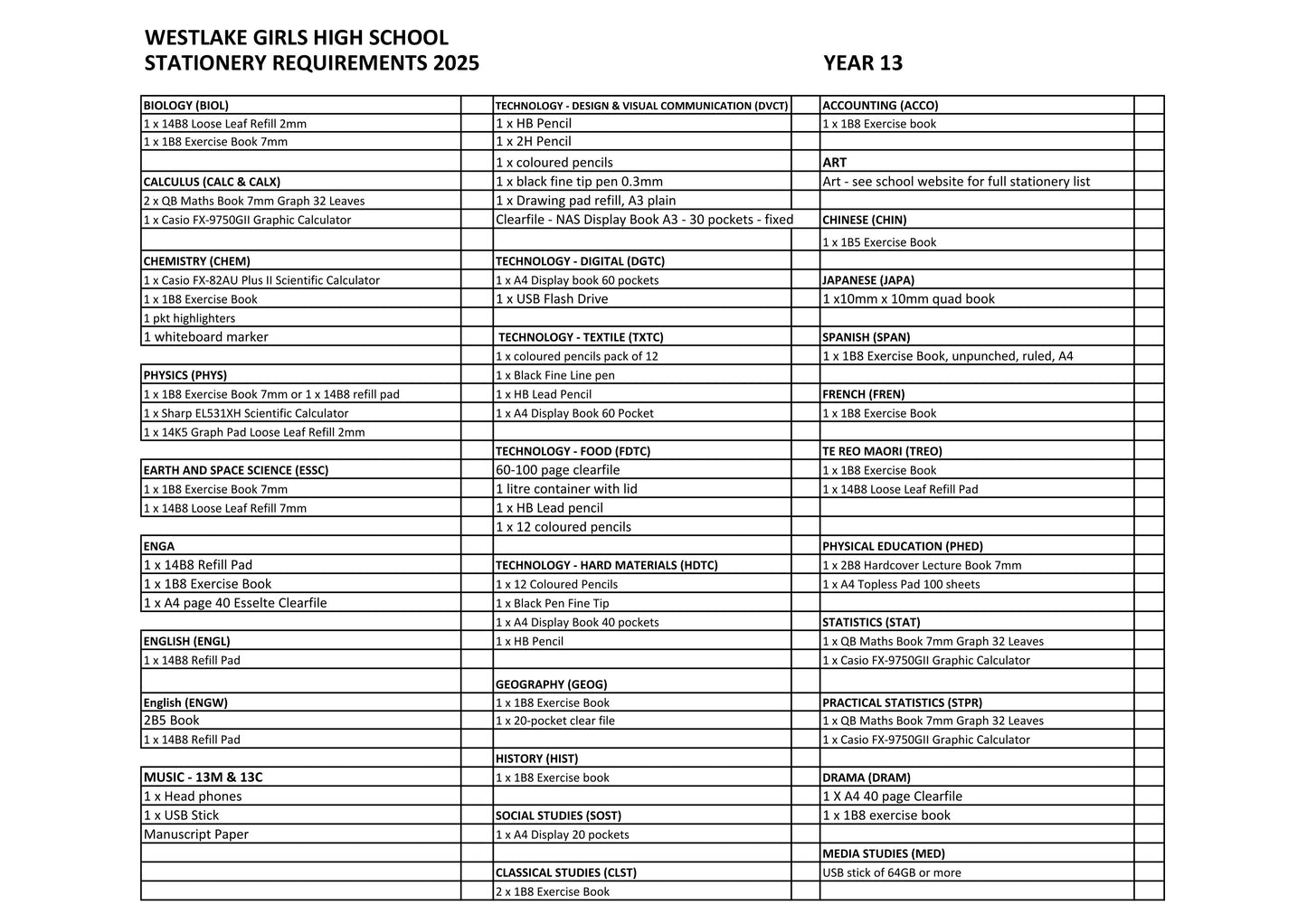 Westlake Girls High School Stationery List 2025 Year 13