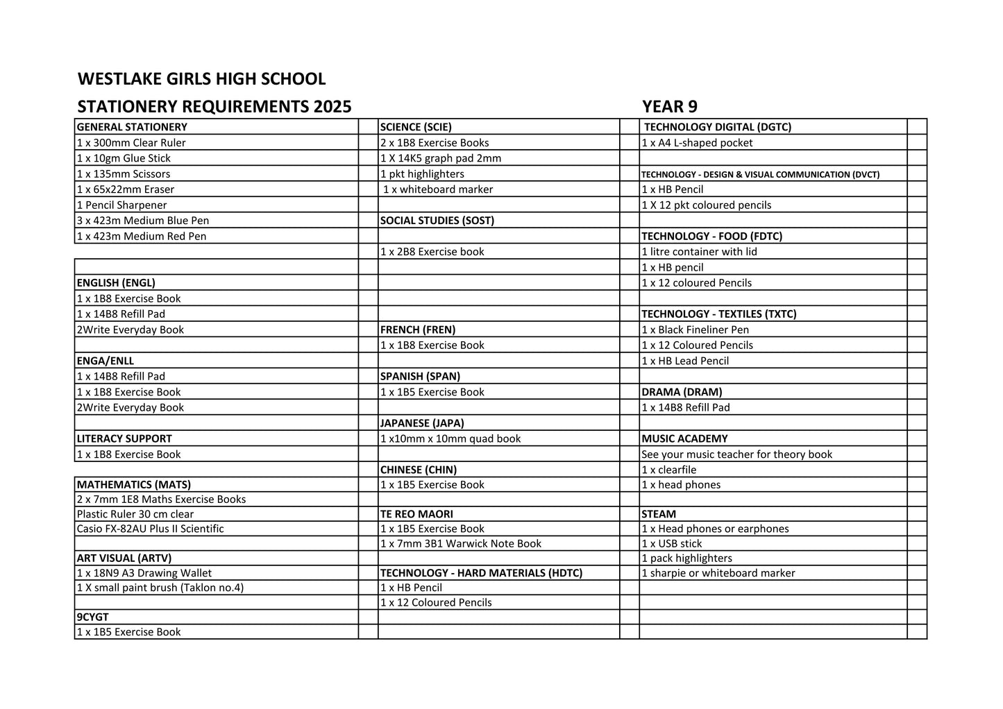 Westlake Girls High School Stationery List 2025 Year 9