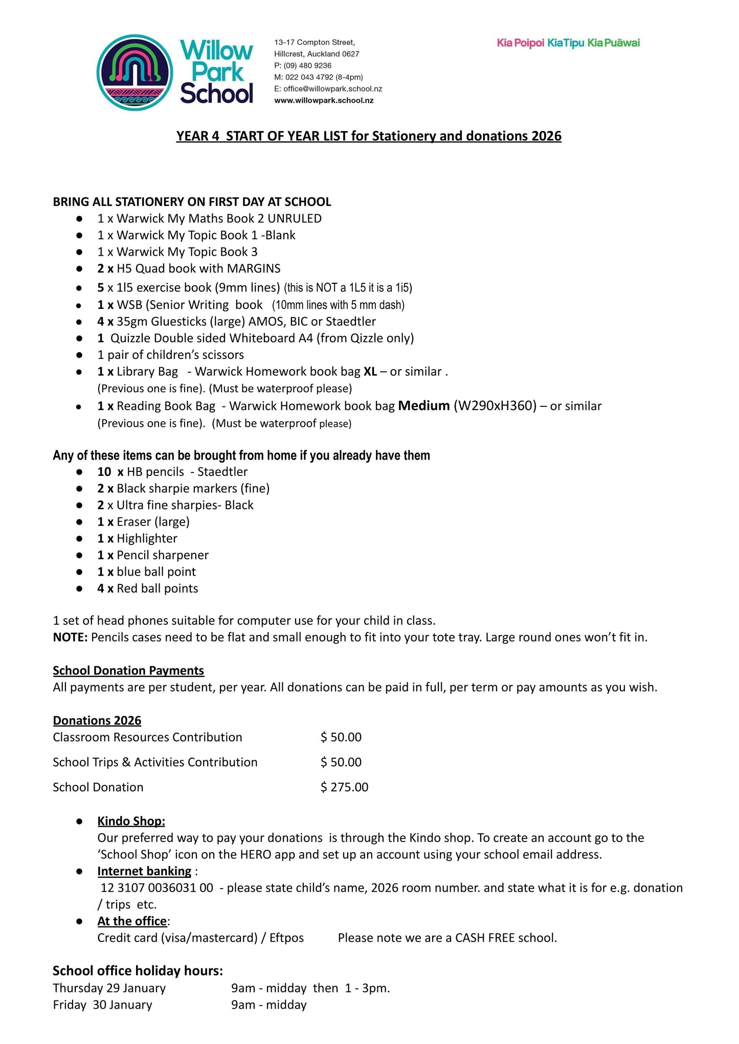 Willow Park Primary School 2026 Stationery List Year 4