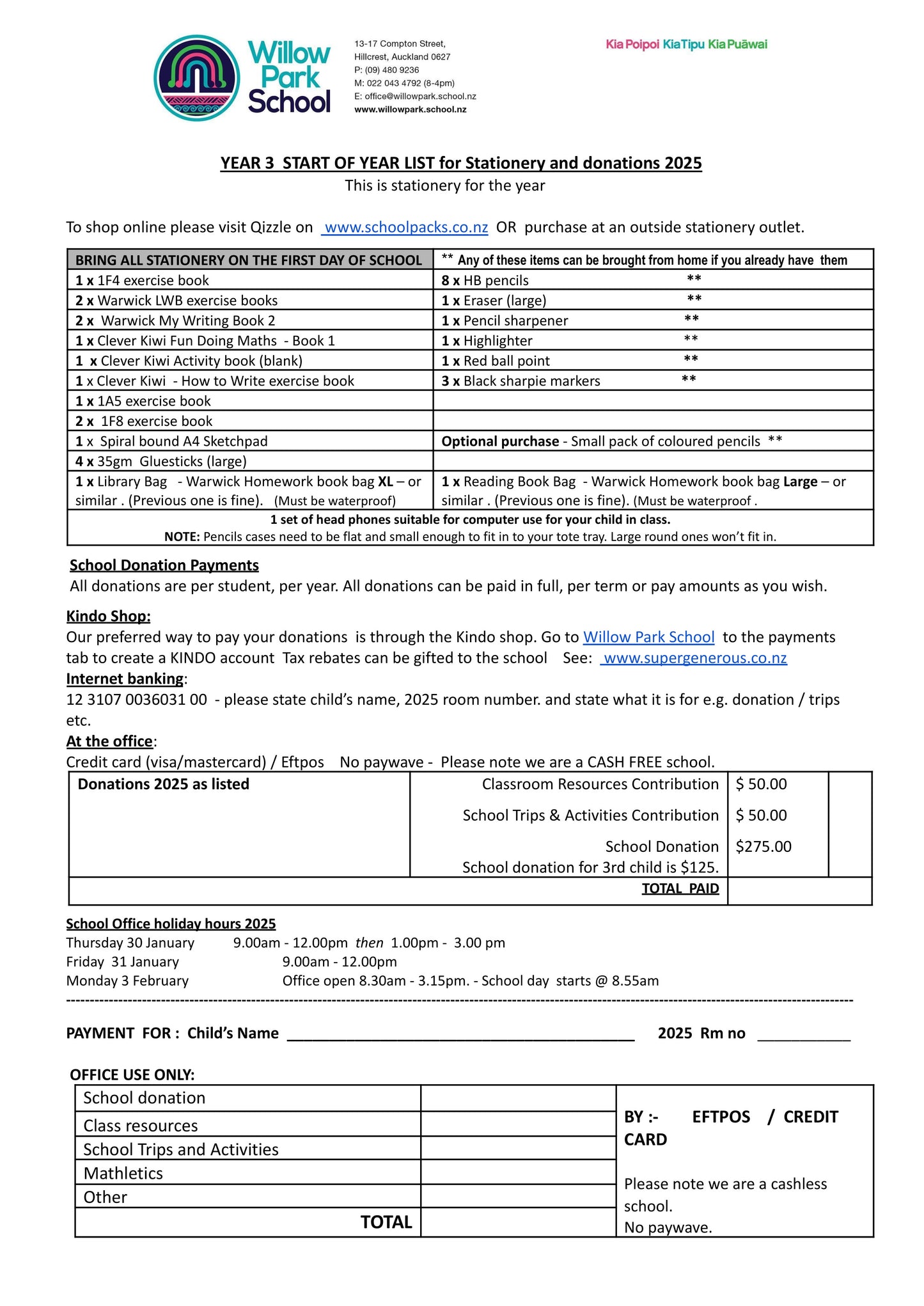 Willow Park School Stationery List 2025 Year 3