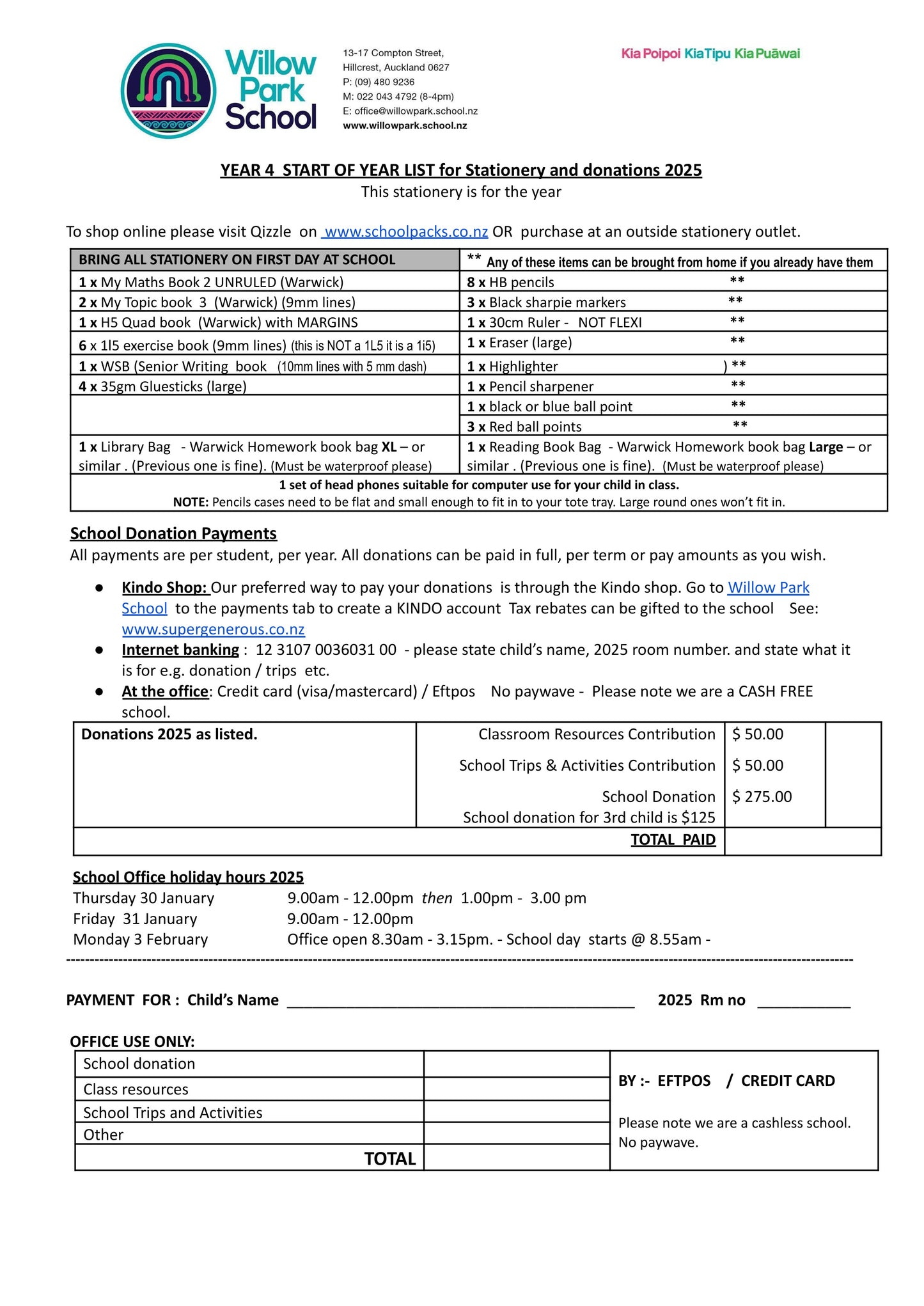 Willow Park School Stationery List 2025 Year 4
