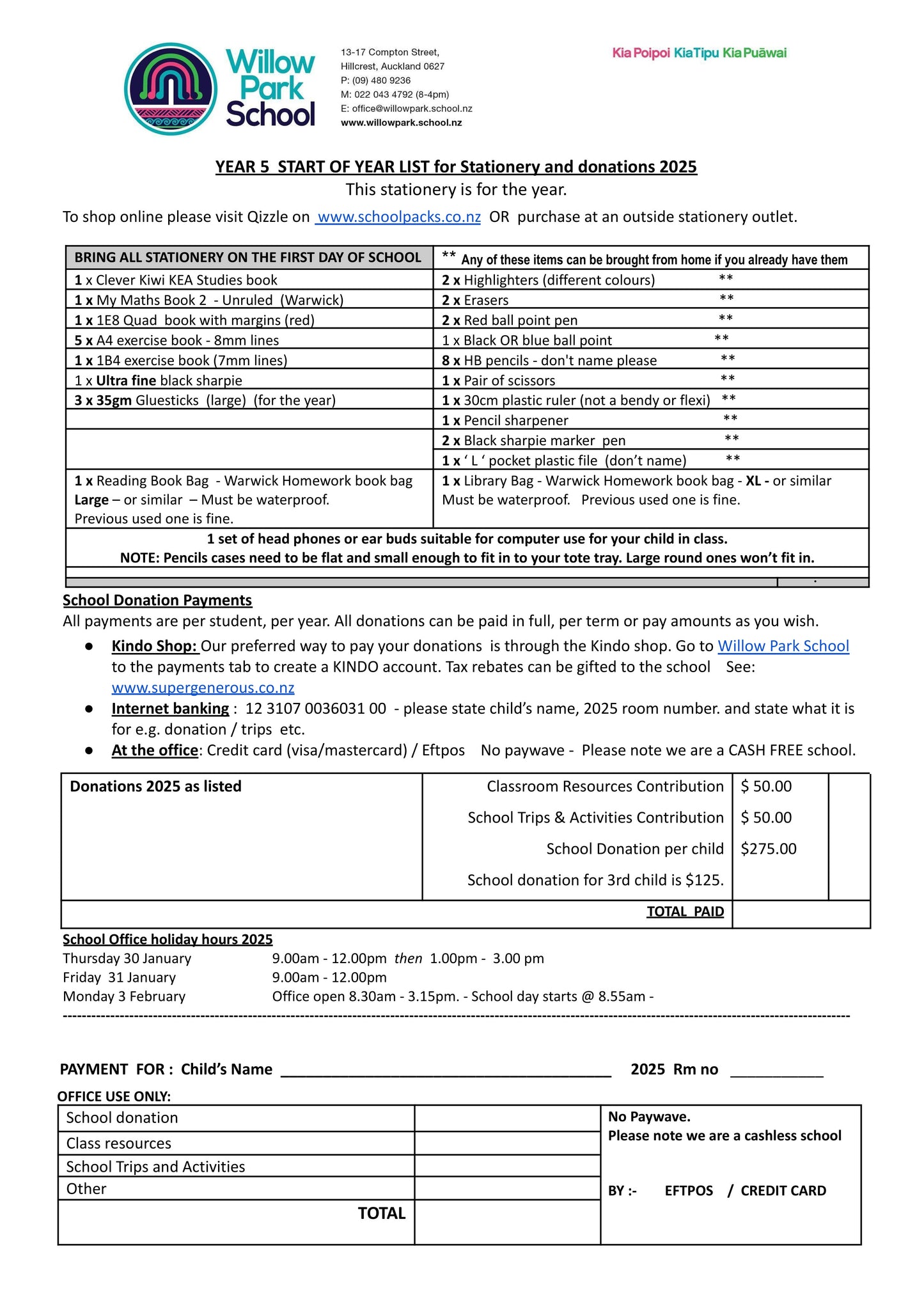 Willow Park School Stationery List 2025 Year 5