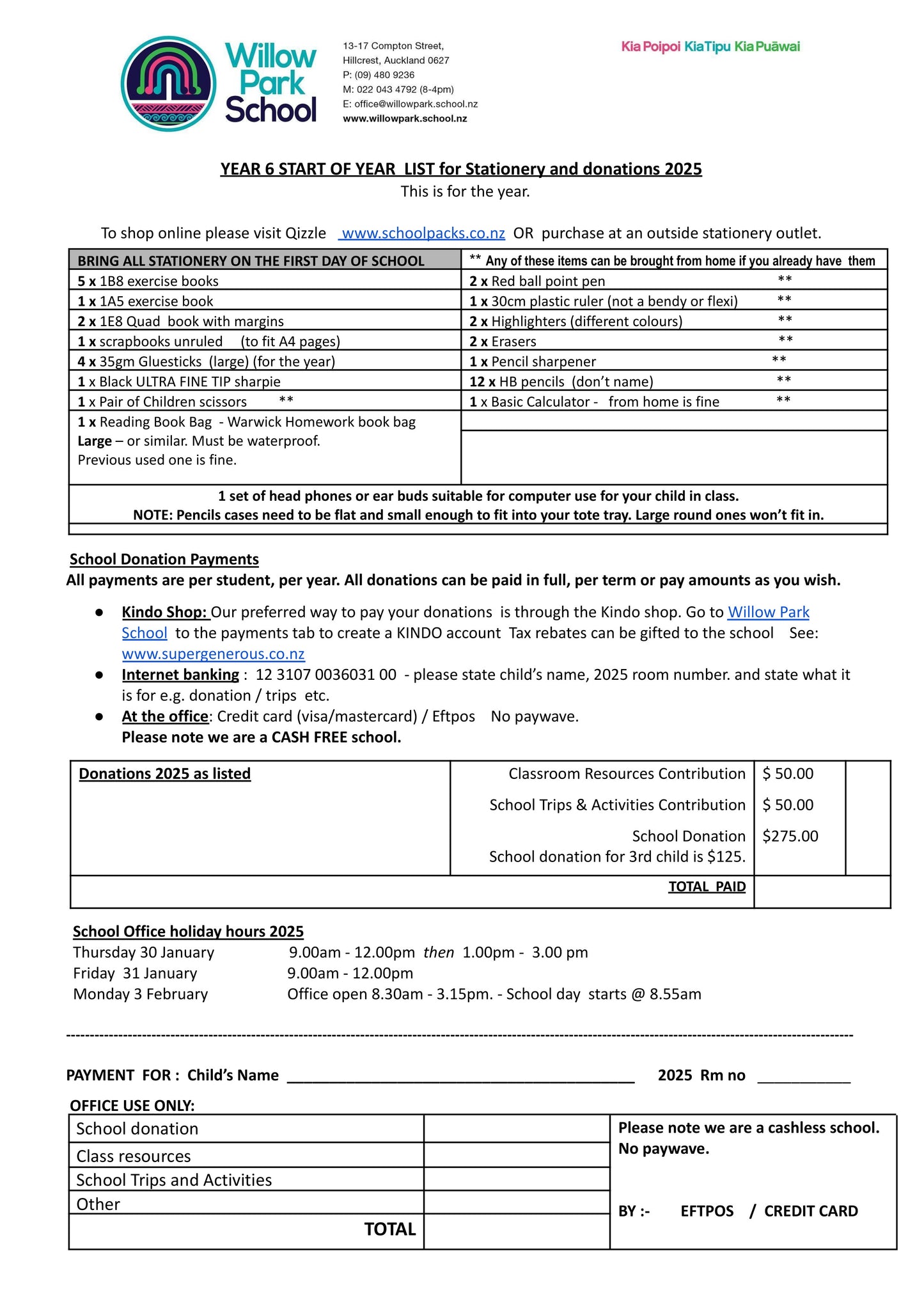 Willow Park School Stationery List 2025 Year 6