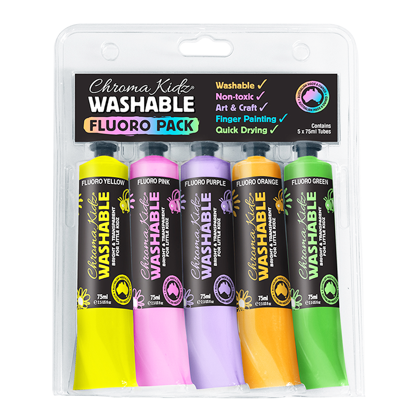 Chroma Kidz Washable Acrylic Fluoro Paint 5 x 75ml Set