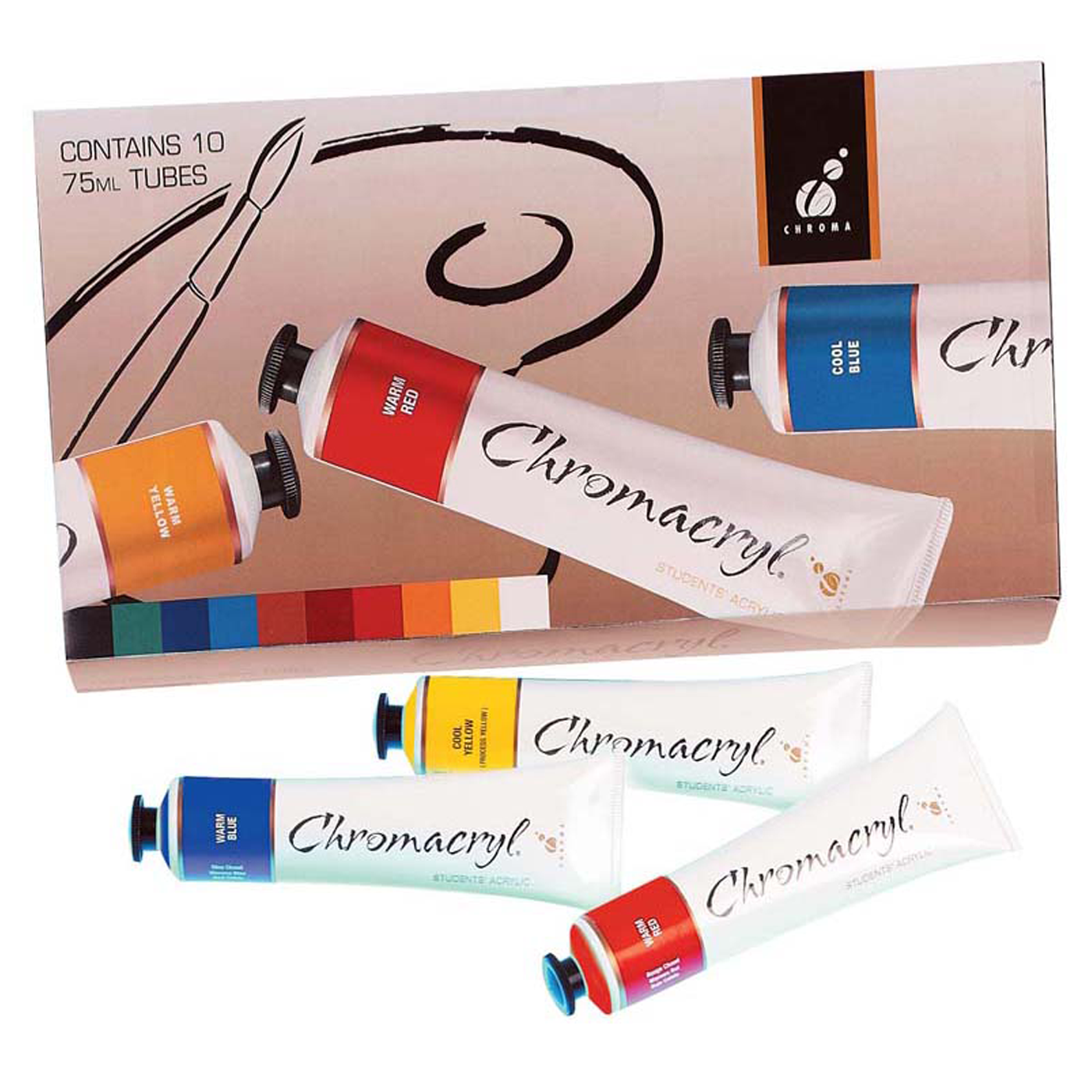 Chromacryl Student Acrylic Paint 75ml Assorted Colours Set of 10