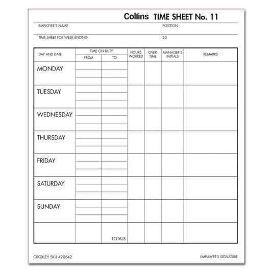 Collins Wage Time Sheets No.11 187x220mm 100 Leaf