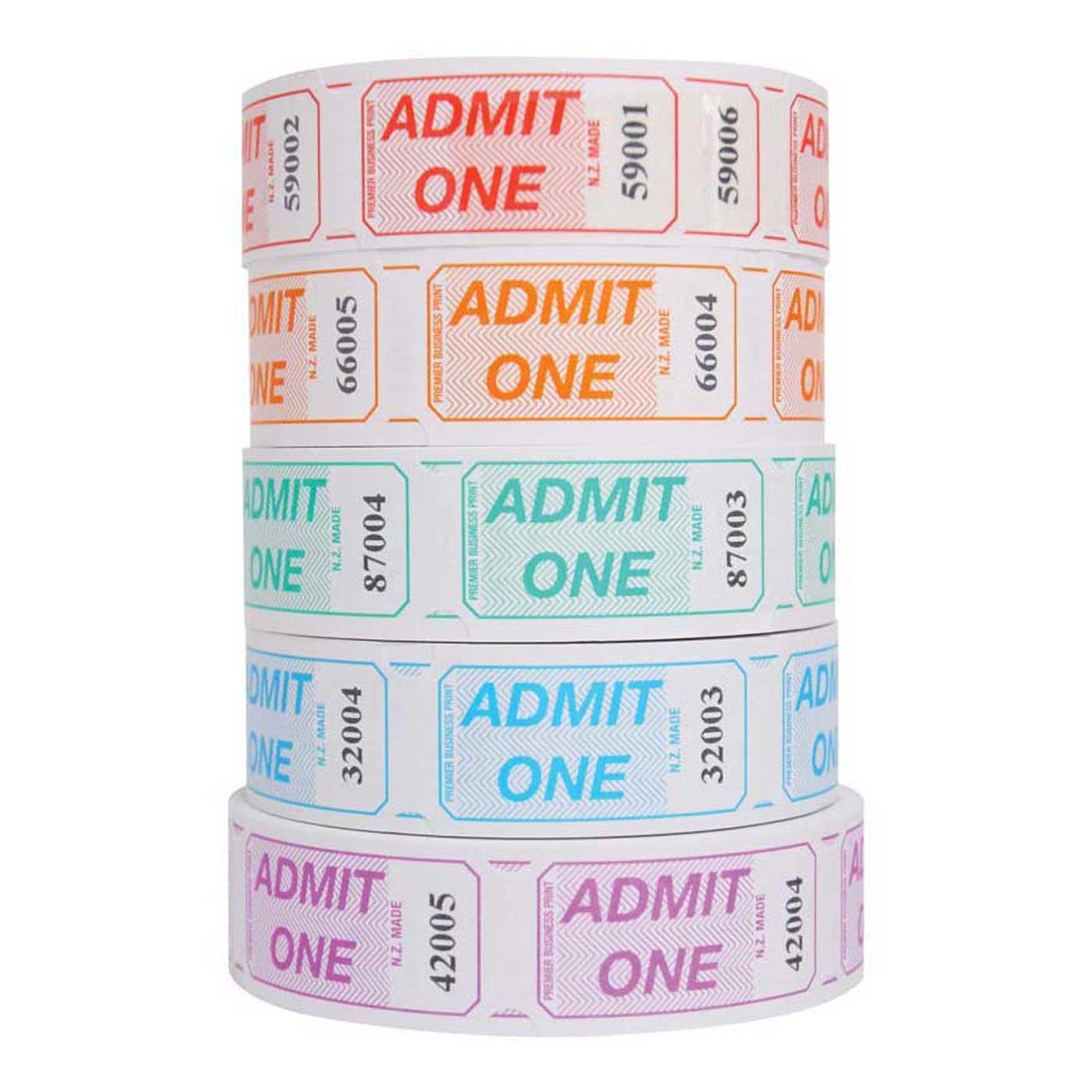 Globe Admit One Tickets Assorted Colours Single Roll of 1000 Tickets
