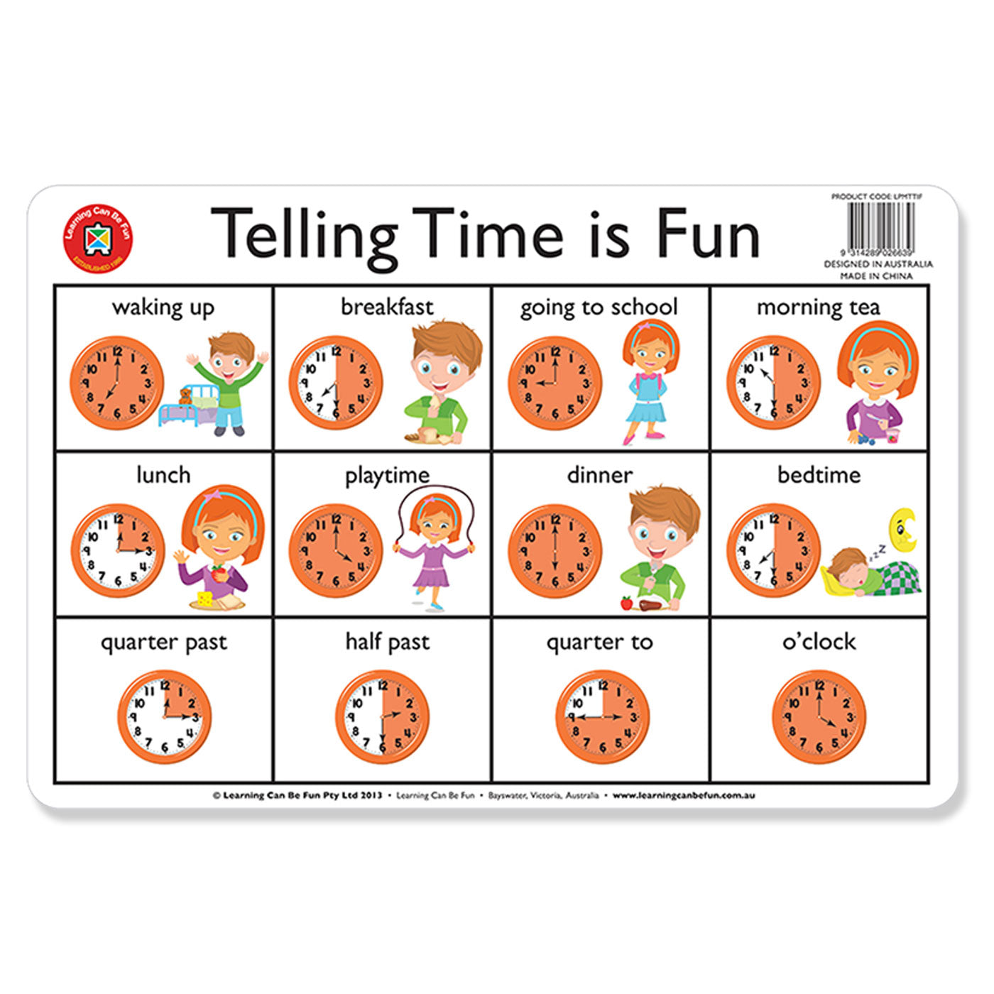 LCBF Placemat Educational Desk Mat 44 x 29 cm Telling The Time is Fun