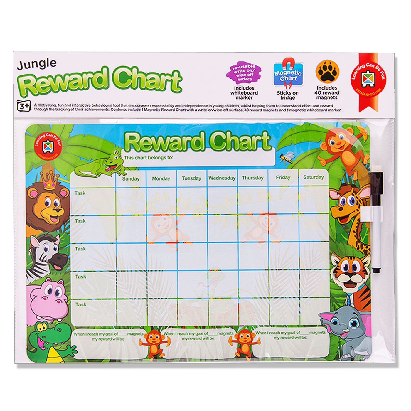 LCBF Magnetic Reward Chart Reusable with 40 Reward Magnets Jungle
