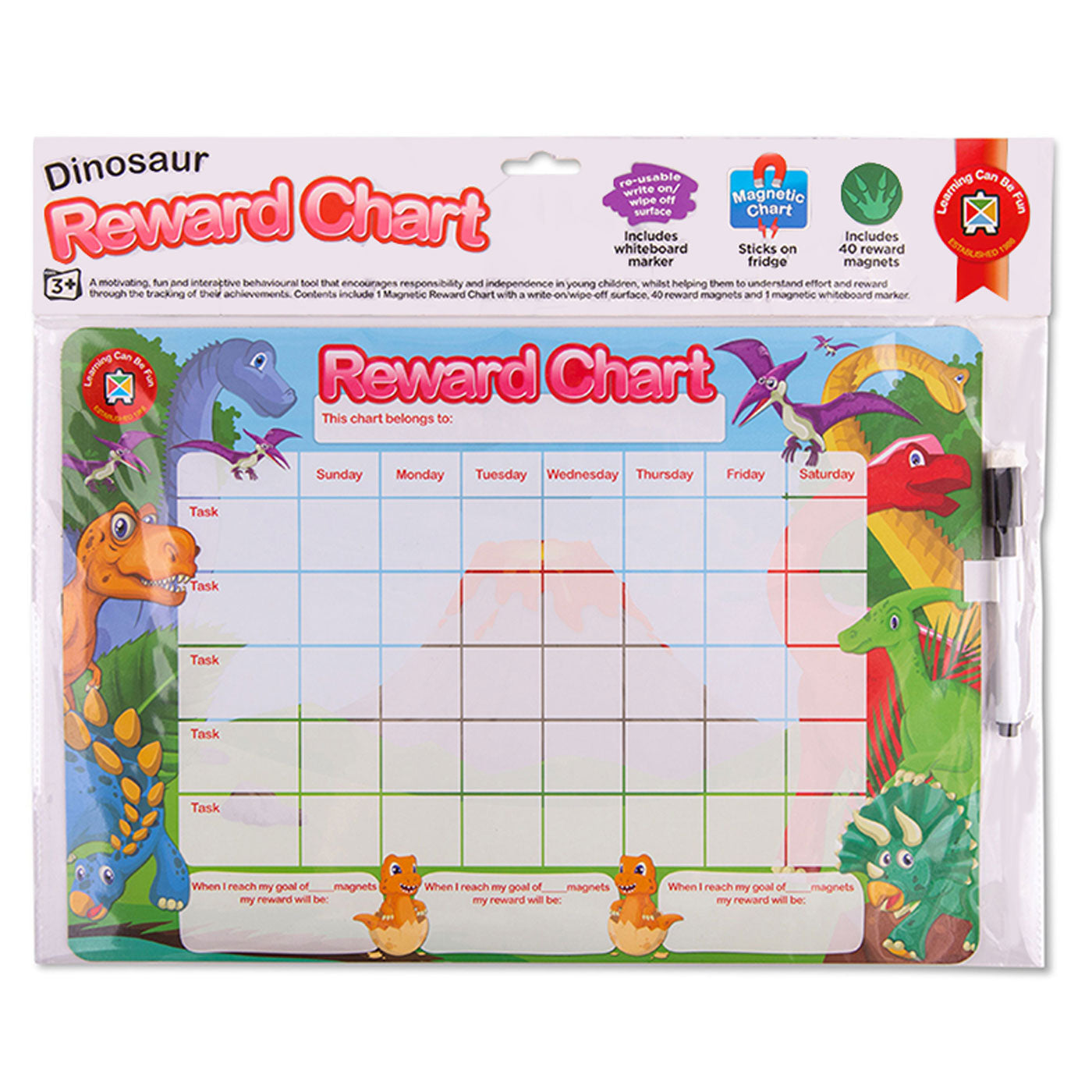 LCBF Magnetic Reward Chart Reusable with 40 Reward Magnets Dinosaurs