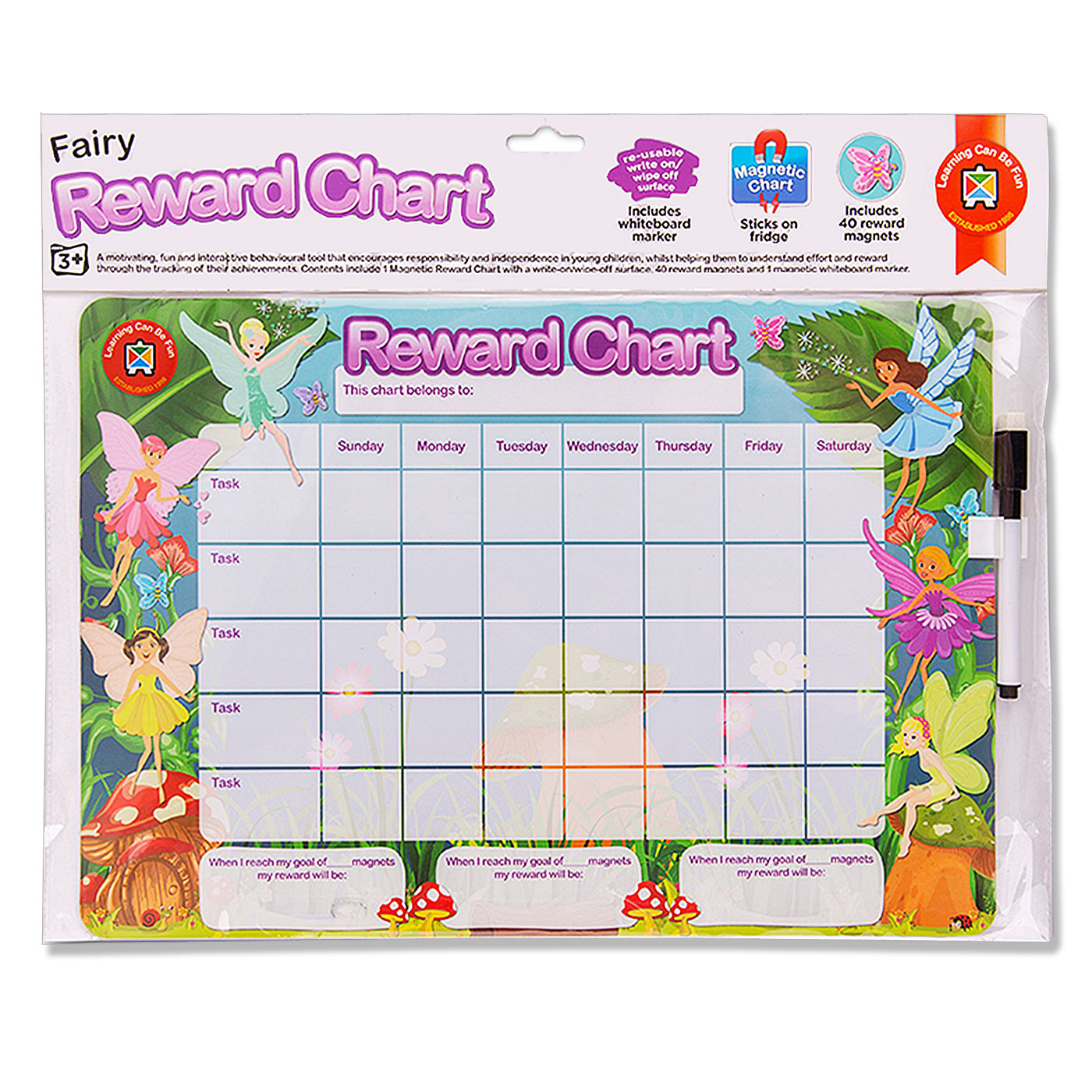 LCBF Magnetic Reward Chart Reusable with 40 Reward Magnets Fairies