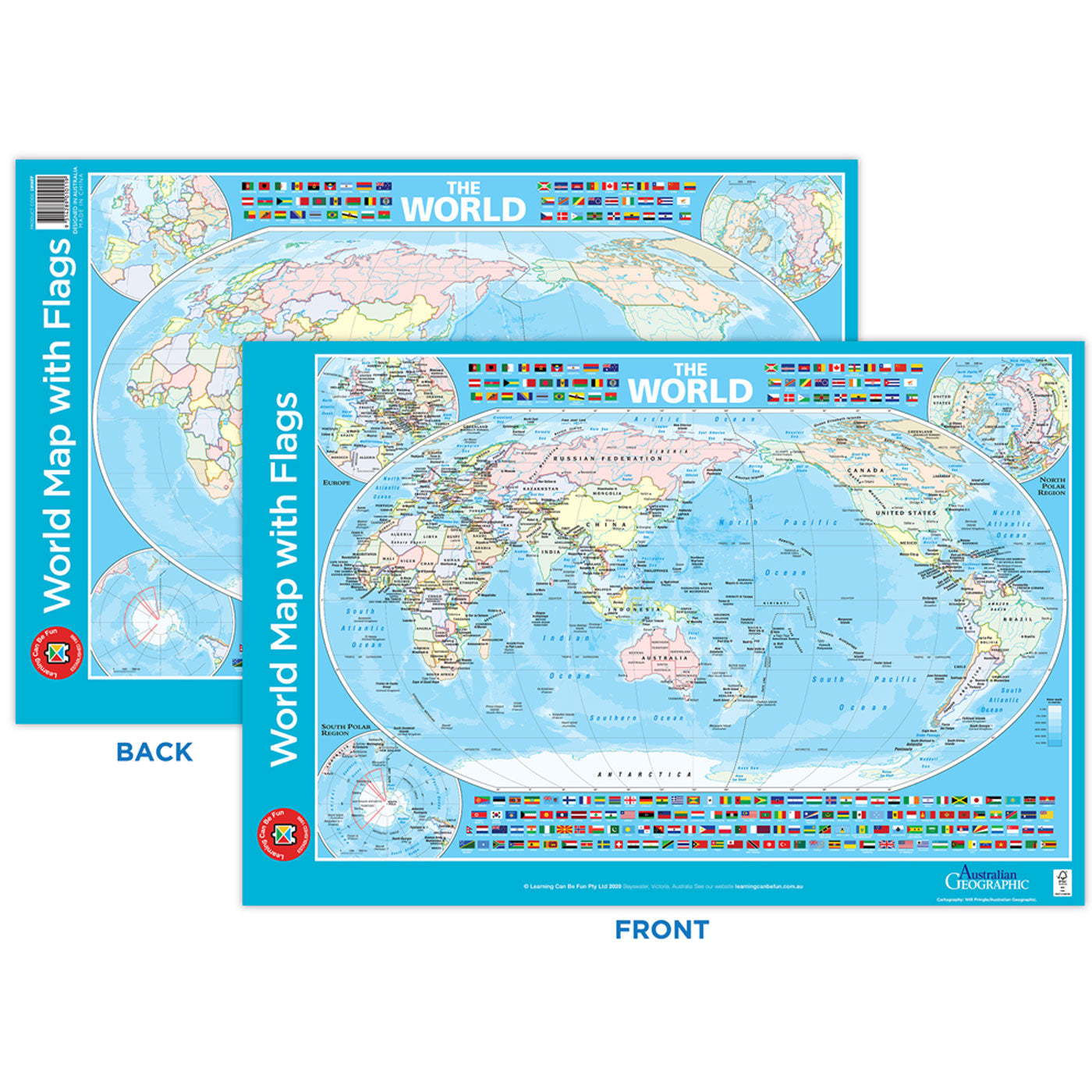 LCBF The World Map Poster with Flags Double-Sided 74 x 50cm