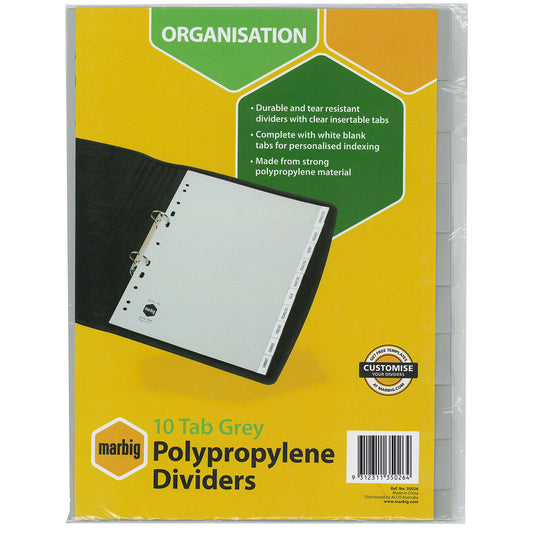 Marbig Indices & Dividers 10 Insert Tab PP A4 Grey