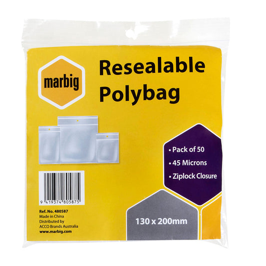Marbig Resealable Polybag Zip Lock 130 x 200 mm Pack of 50