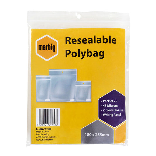 Marbig Resealable Polybag Zip Lock 180 x 255 mm Pack of 25