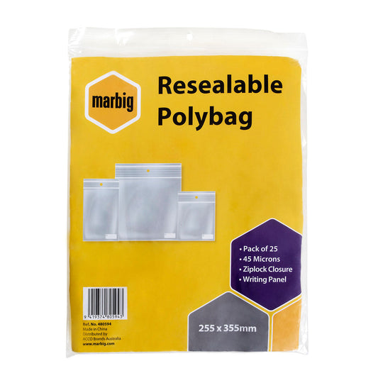 Marbig Resealable Polybag Zip Lock 255 x 355mm Writing Panel Pack of 25