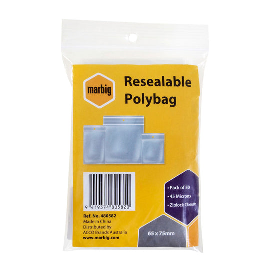 Marbig Resealable Polybag Zip Lock 65 x 75mm Pack of 50