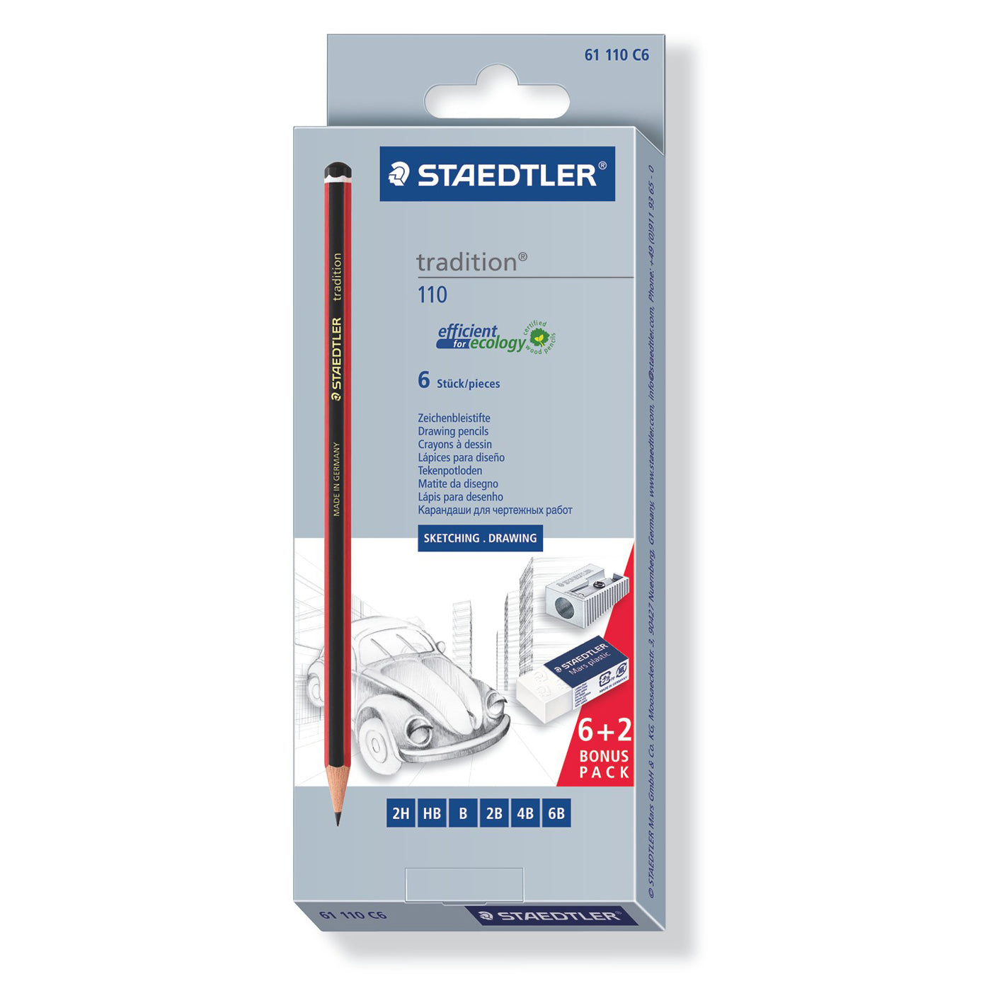 Tradition Pencils Assorted 2H, HB, B, 2B, 4B, 6B - Box of 6
