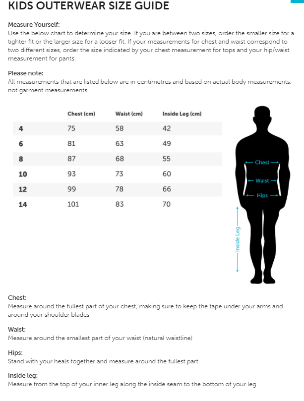 Tuffbak Kids Waterproof Bib Overtrouser Measurements