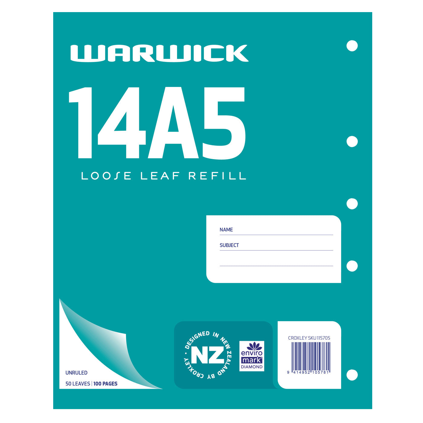 WARWICK 14A5 LOOSE LEAF REFILL PAD UNRULED 50 LEAVES